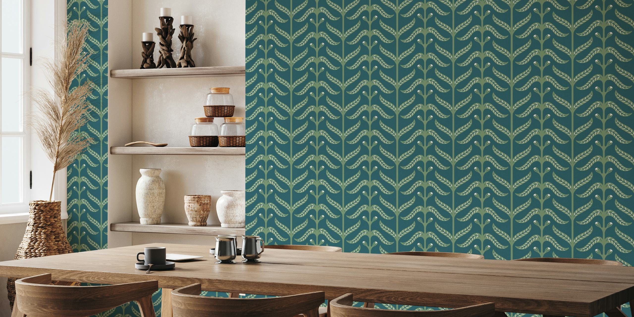 Natural coordinate green leaves on emerald wallpaper
