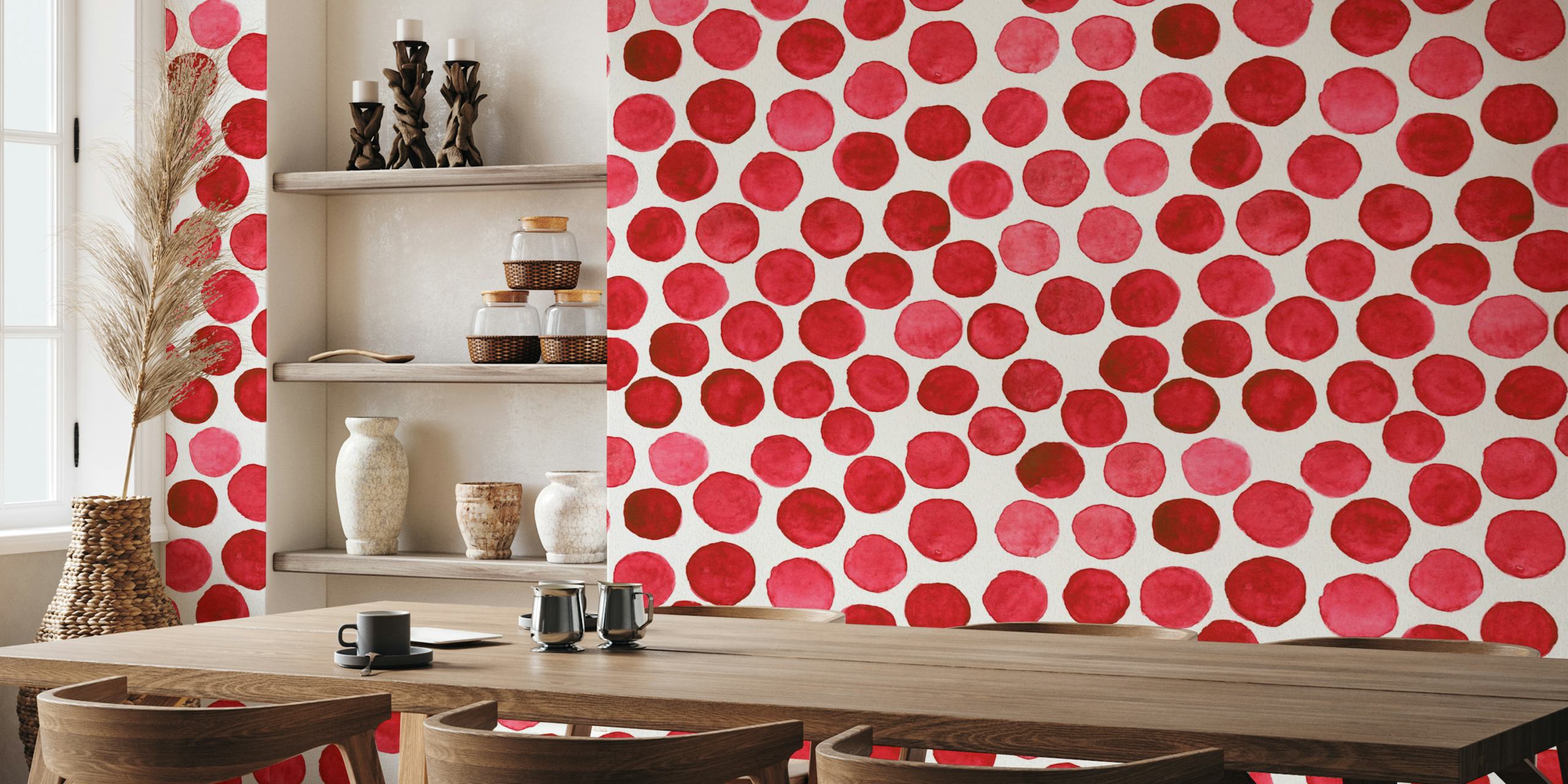 Red watercolor dot pattern wallpaper with various sized circles on a white background.