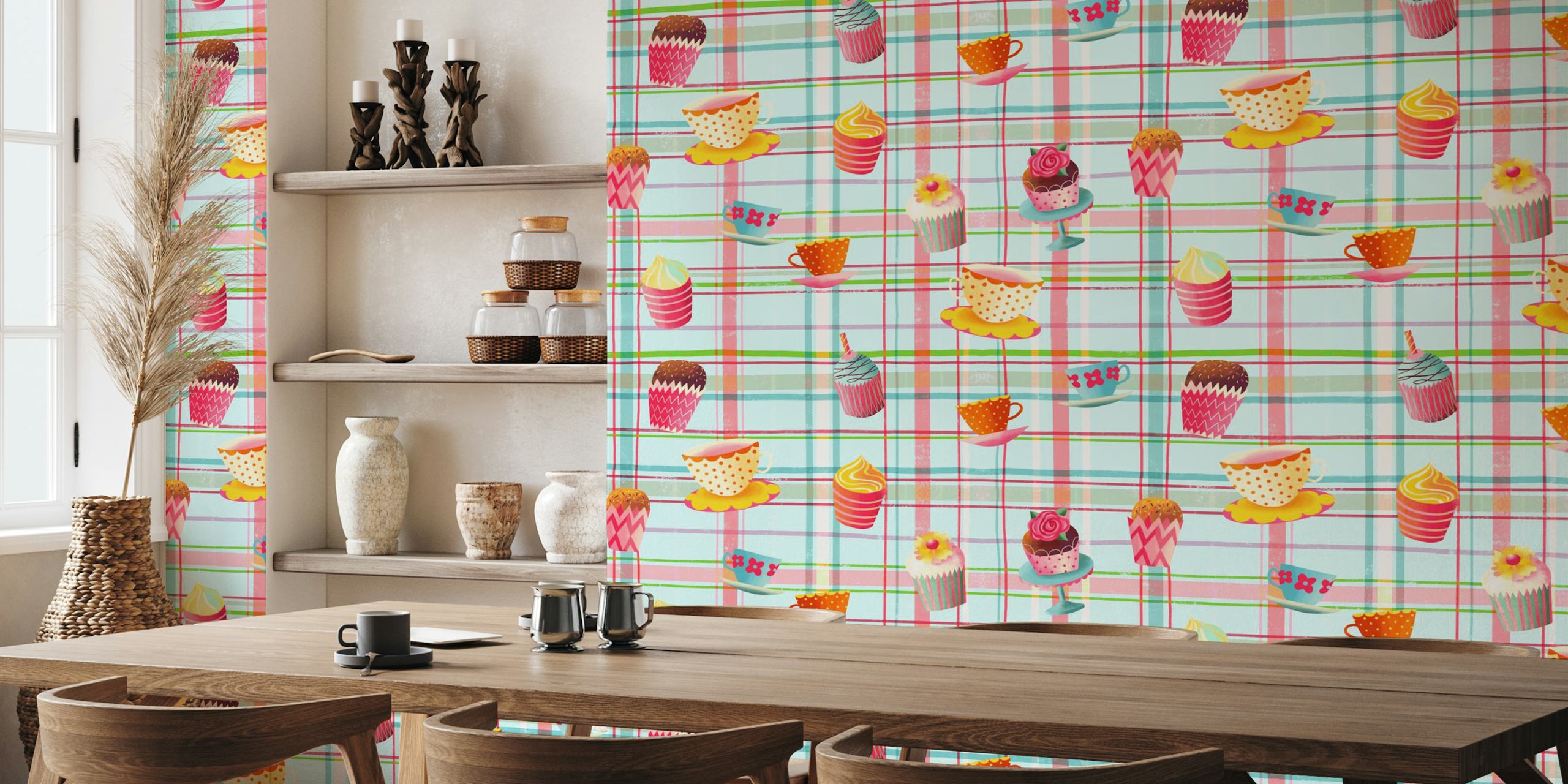 Tapete mit Süßigkeiten und Tassen im karierten Design