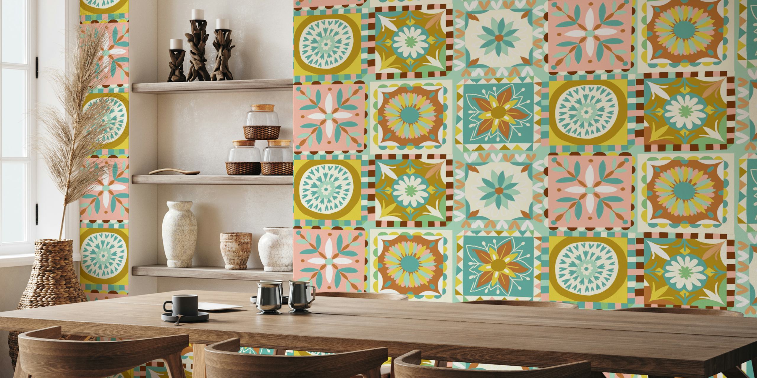Playful tiles wallpaper in a room setting