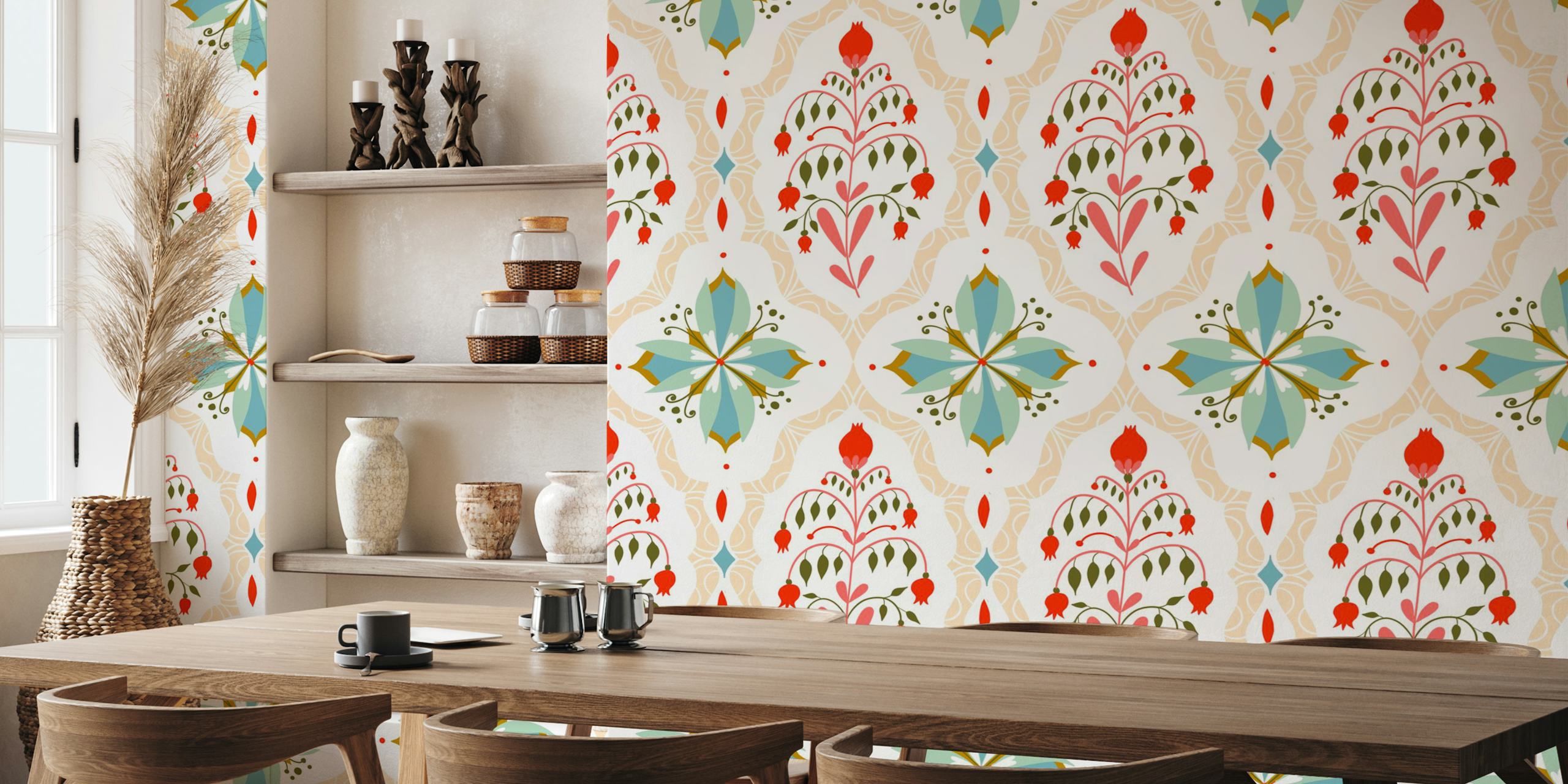 Colorful floral damask pattern wallpaper in shades of red and green