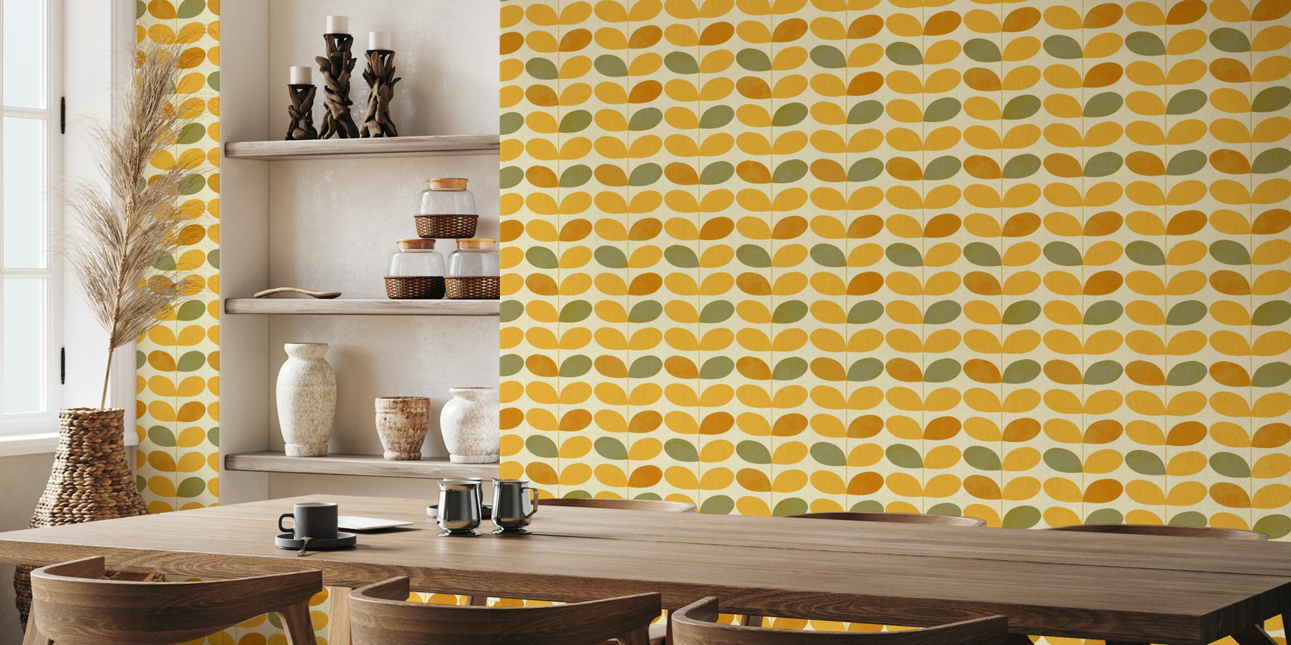 mid-century leaves mustard yellow papier peint dans une pièce