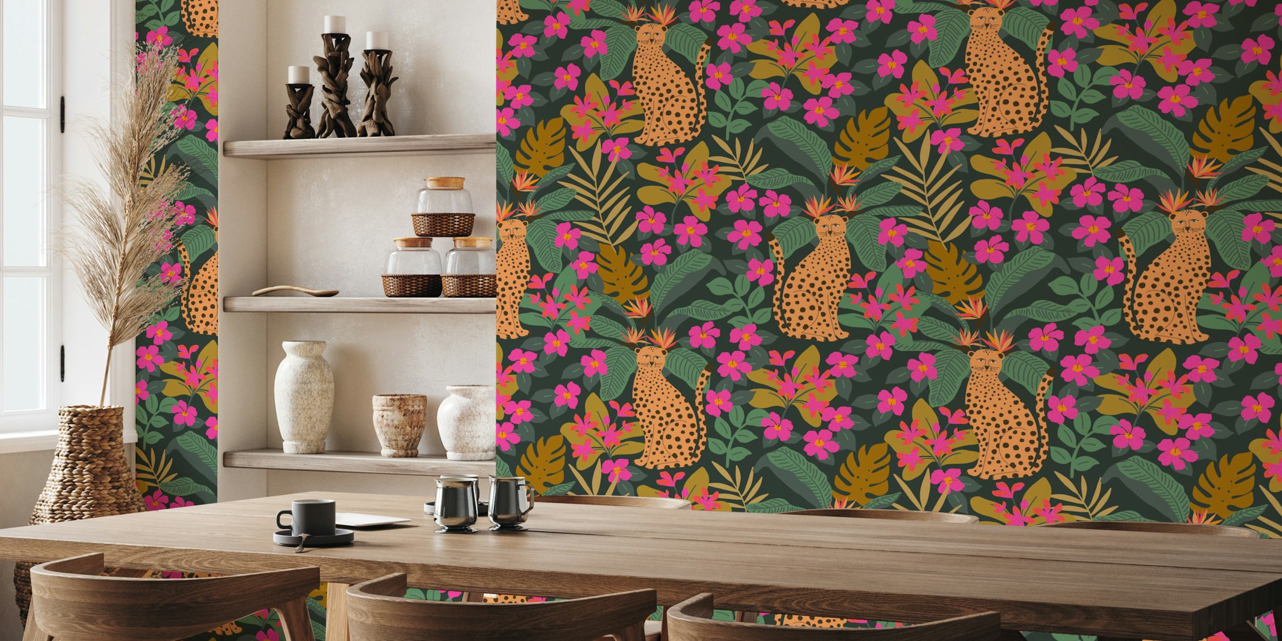 Hot Pink Jungle wall mural with leopards and tropical flowers