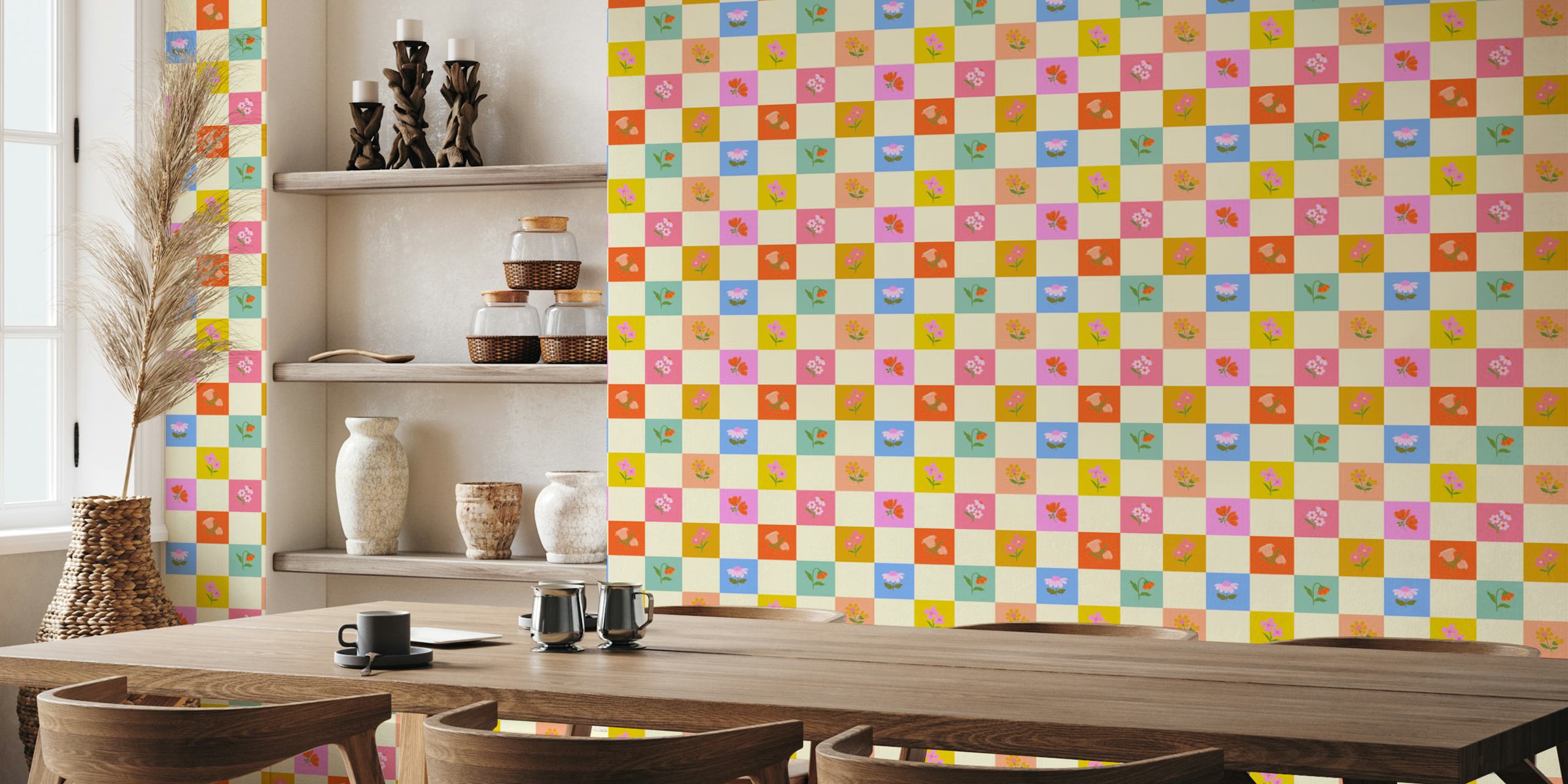 Checkered Floral Pattern tapetti huoneessa