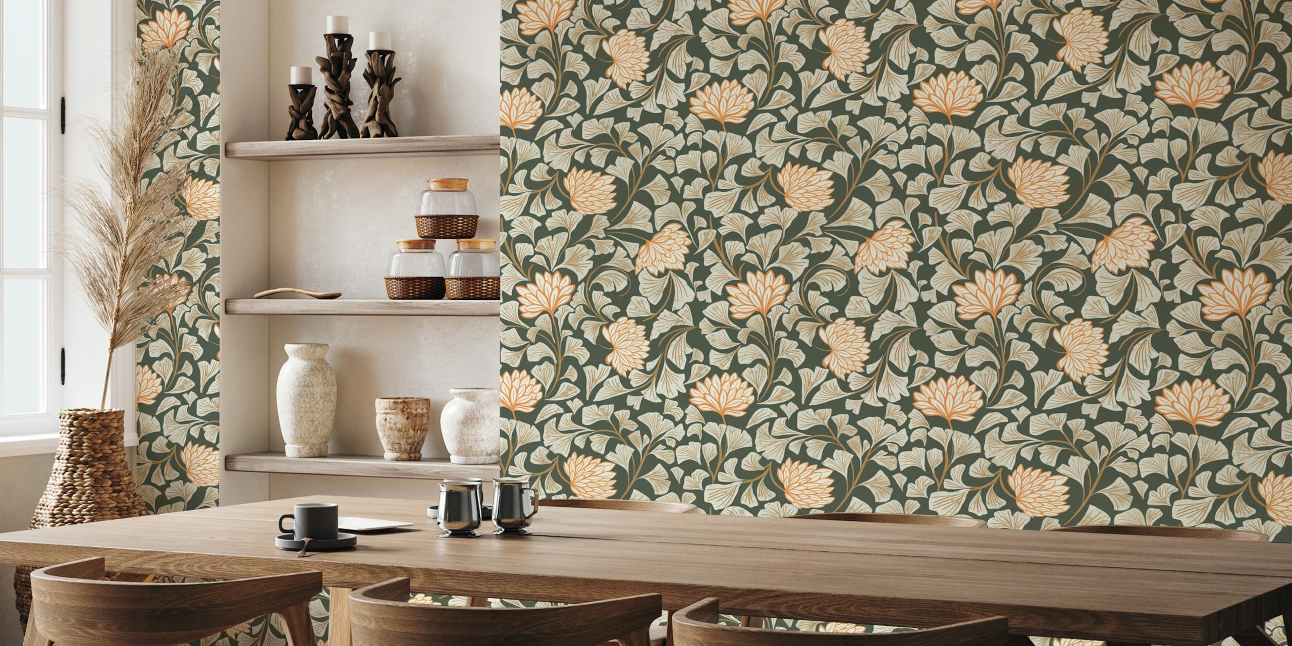 Large floral motifs with beige and peach colors on dark green background wallpaper