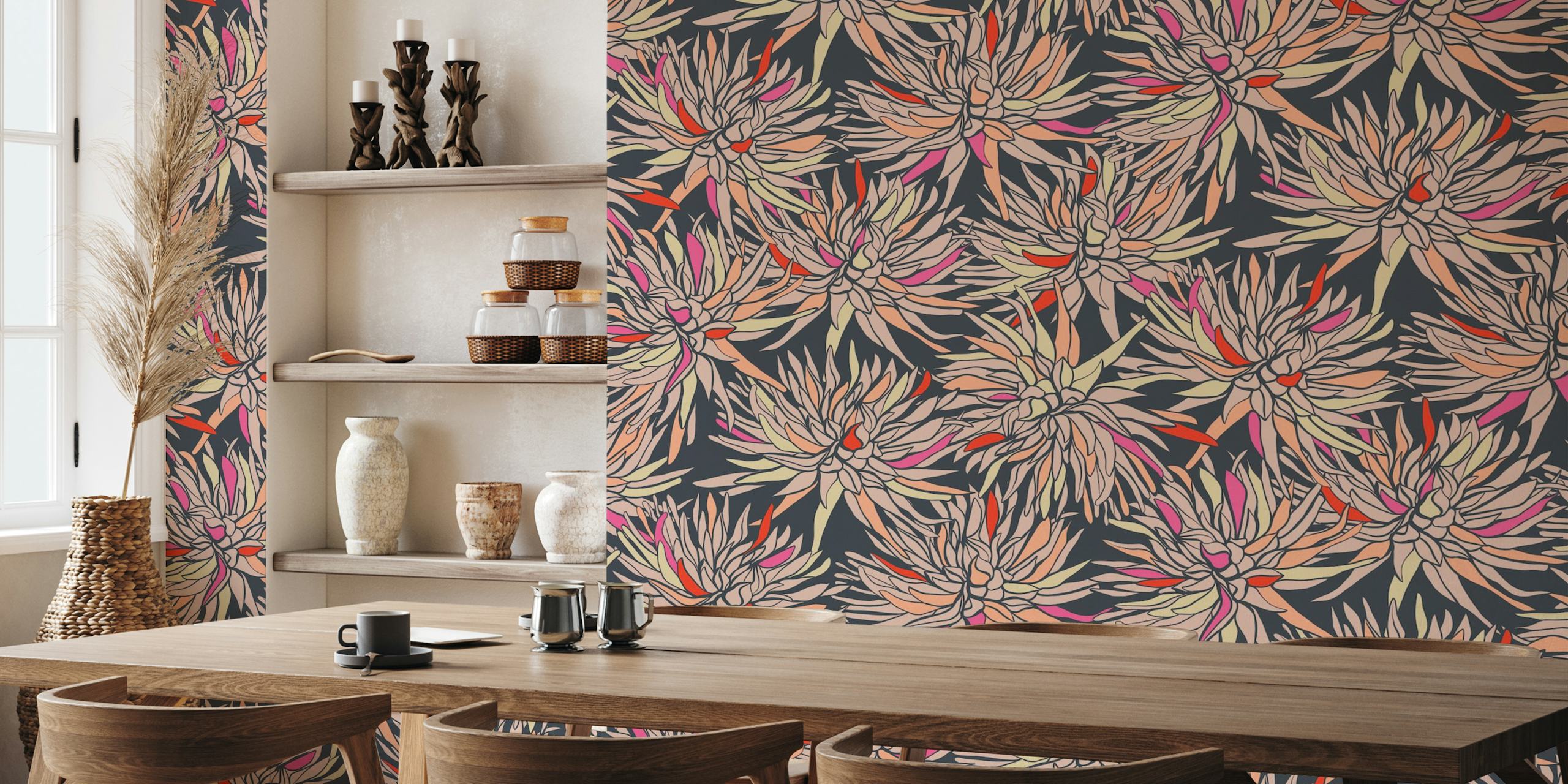 Repeating dahlia flowers in pink, orange, and cream on a dark background wallpaper