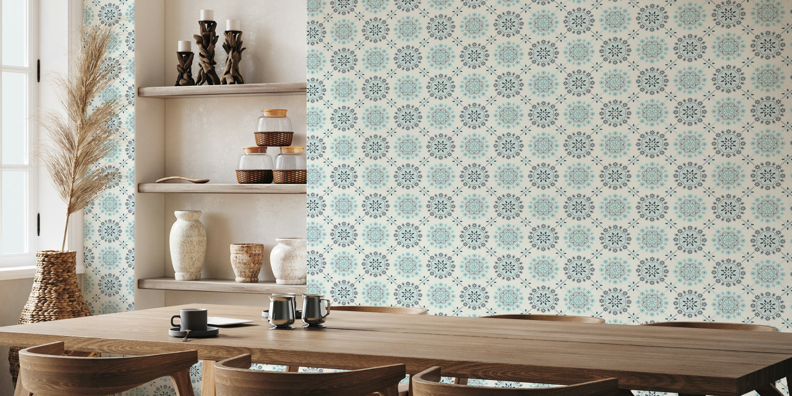 Blue and white kitchen tile wallpaper
