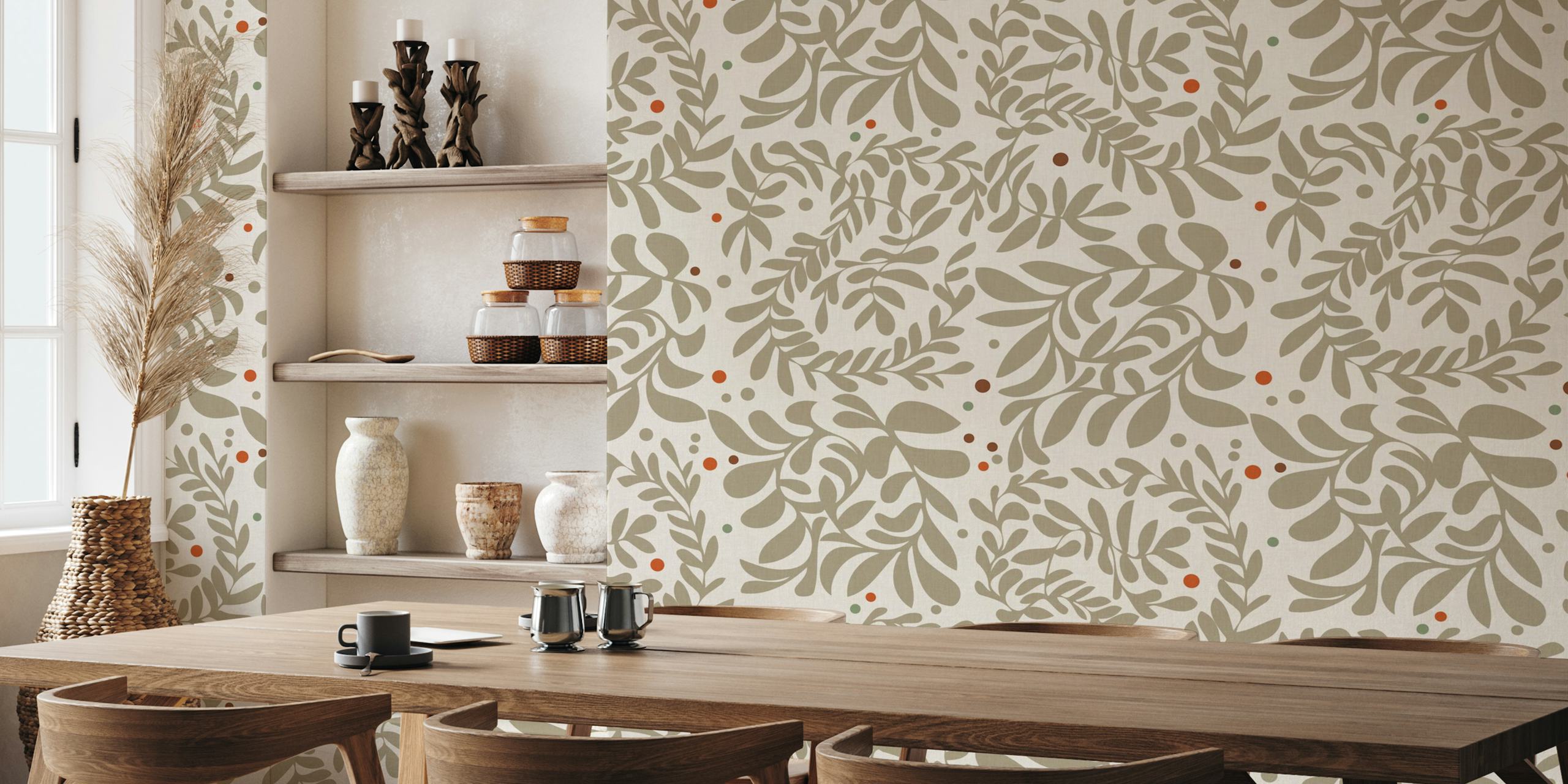 Minimalistic Organic Leaves wall mural with gentle leaf motifs in neutral tones