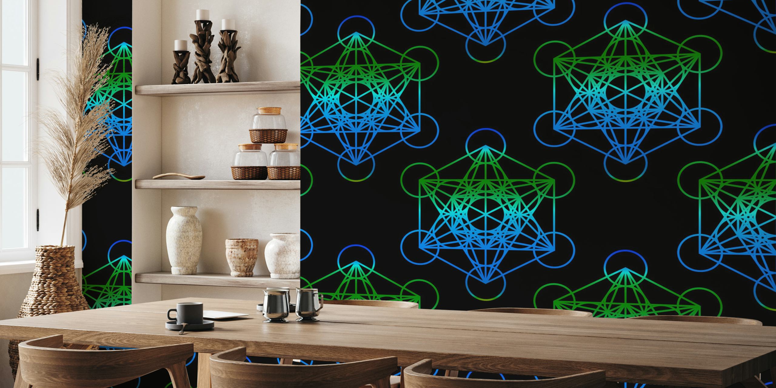 Geometric Metatron's Cube design in blue and green wallpaper