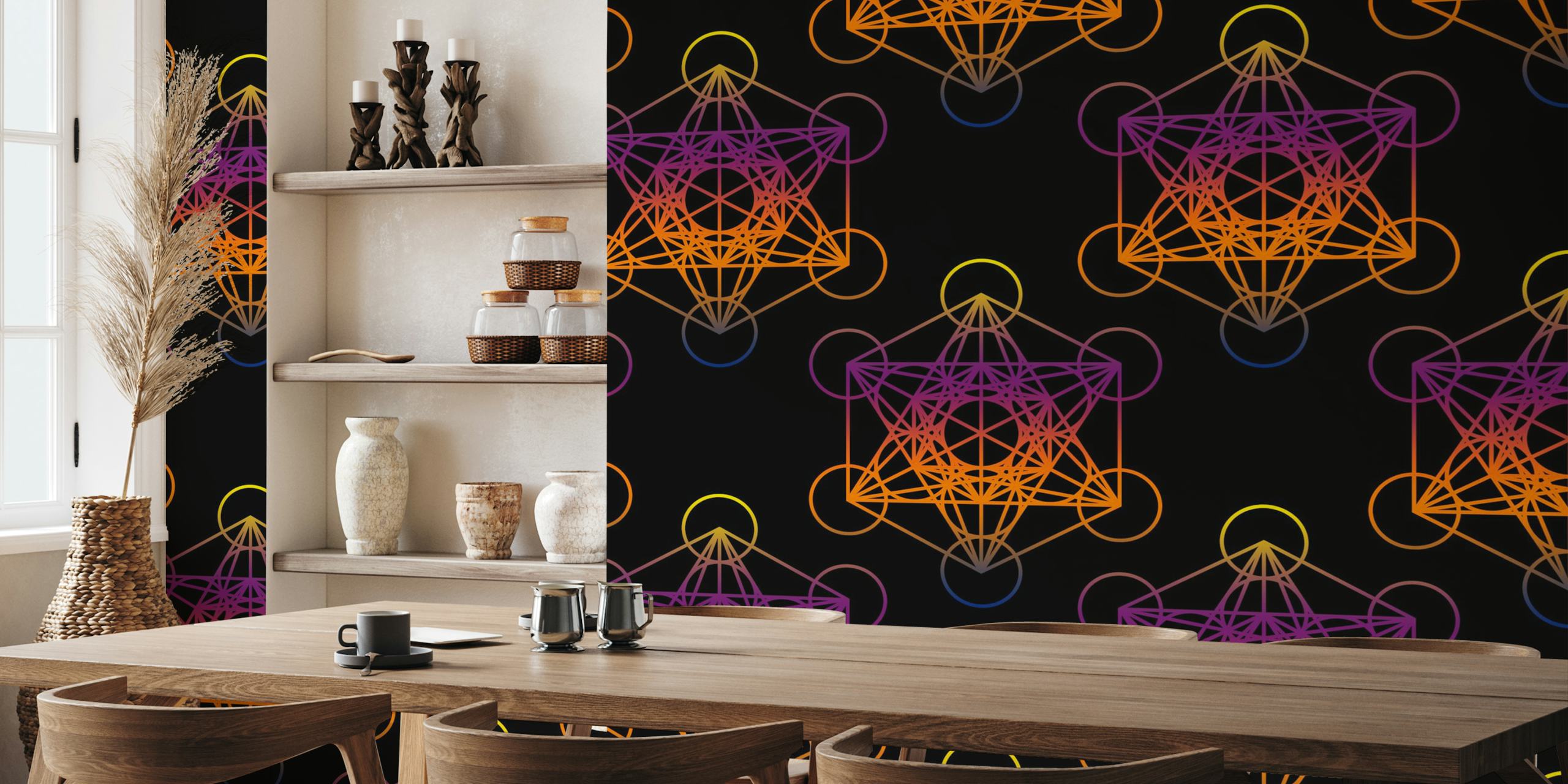 Geometric Metatron's Cube pattern in orange and black wallpaper