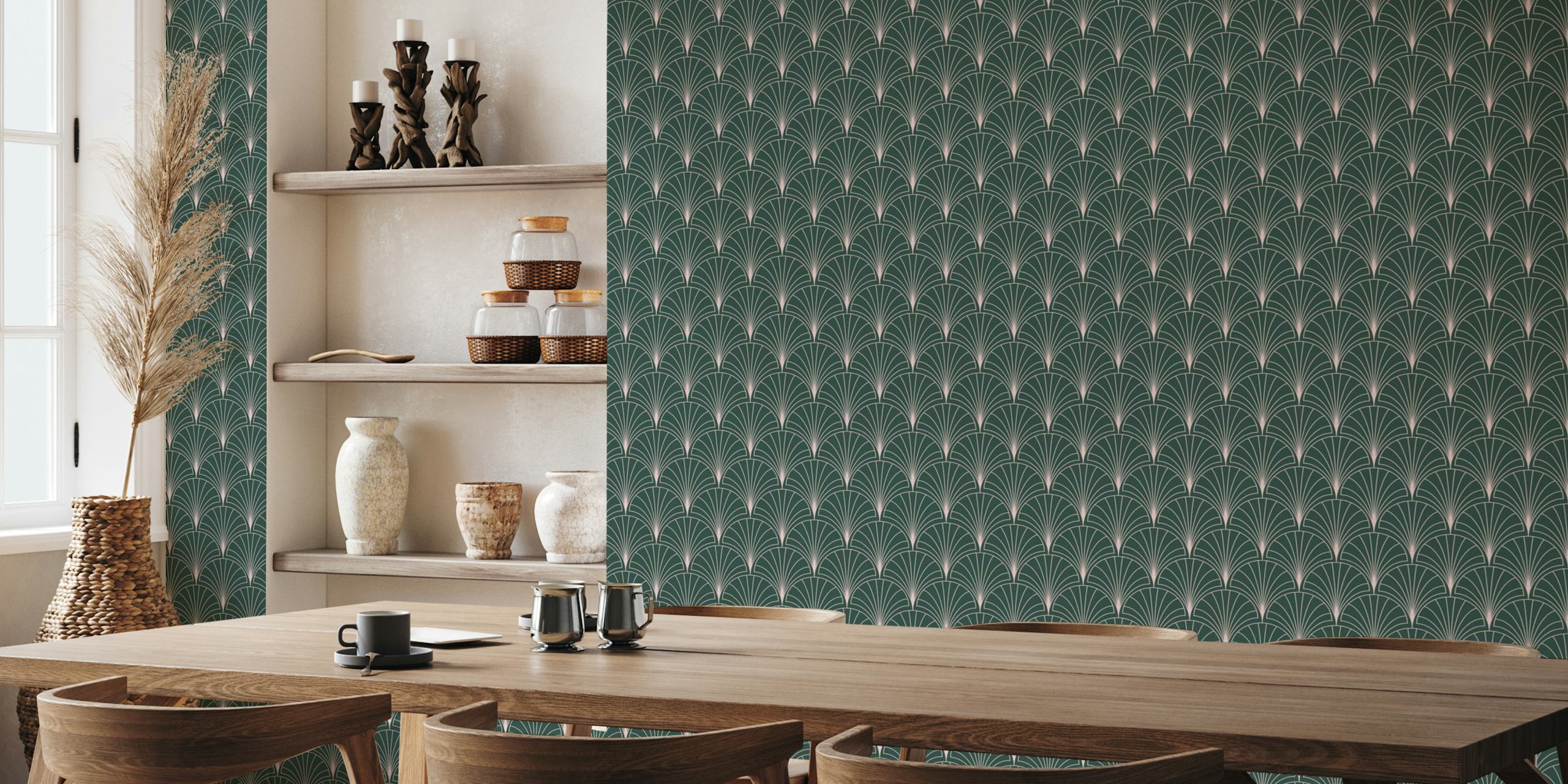 Art Deco style fan pattern in pink and green on a wall mural