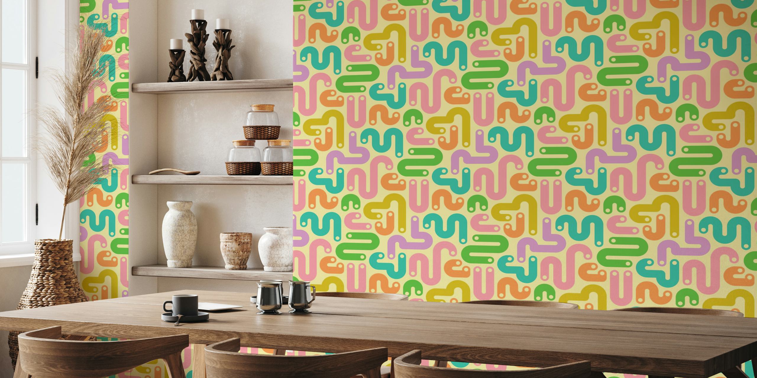 Curvy abstract pattern in pastel colors on cream wallpaper