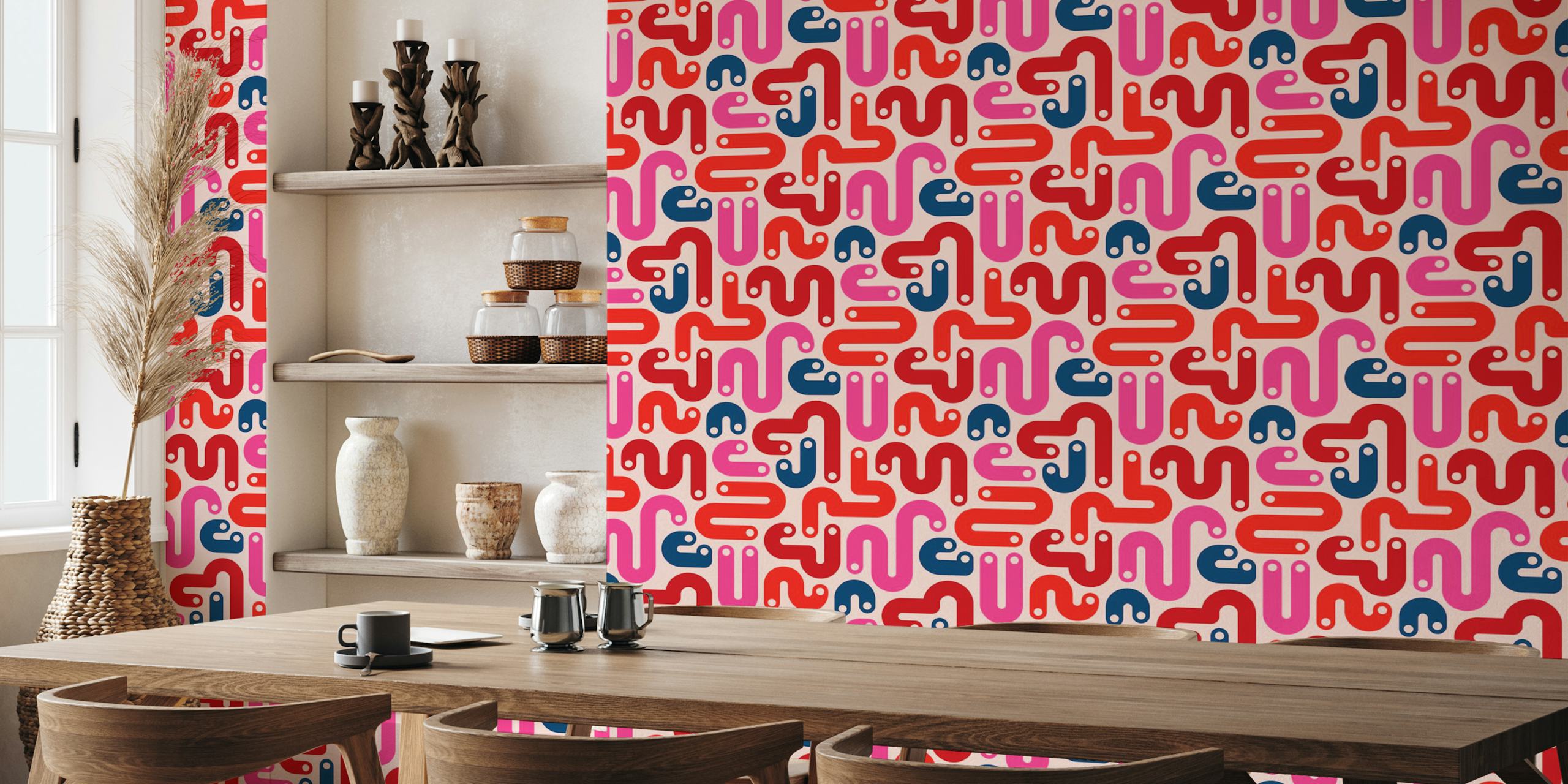 80s-style abstract mural with curvy red and pink shapes