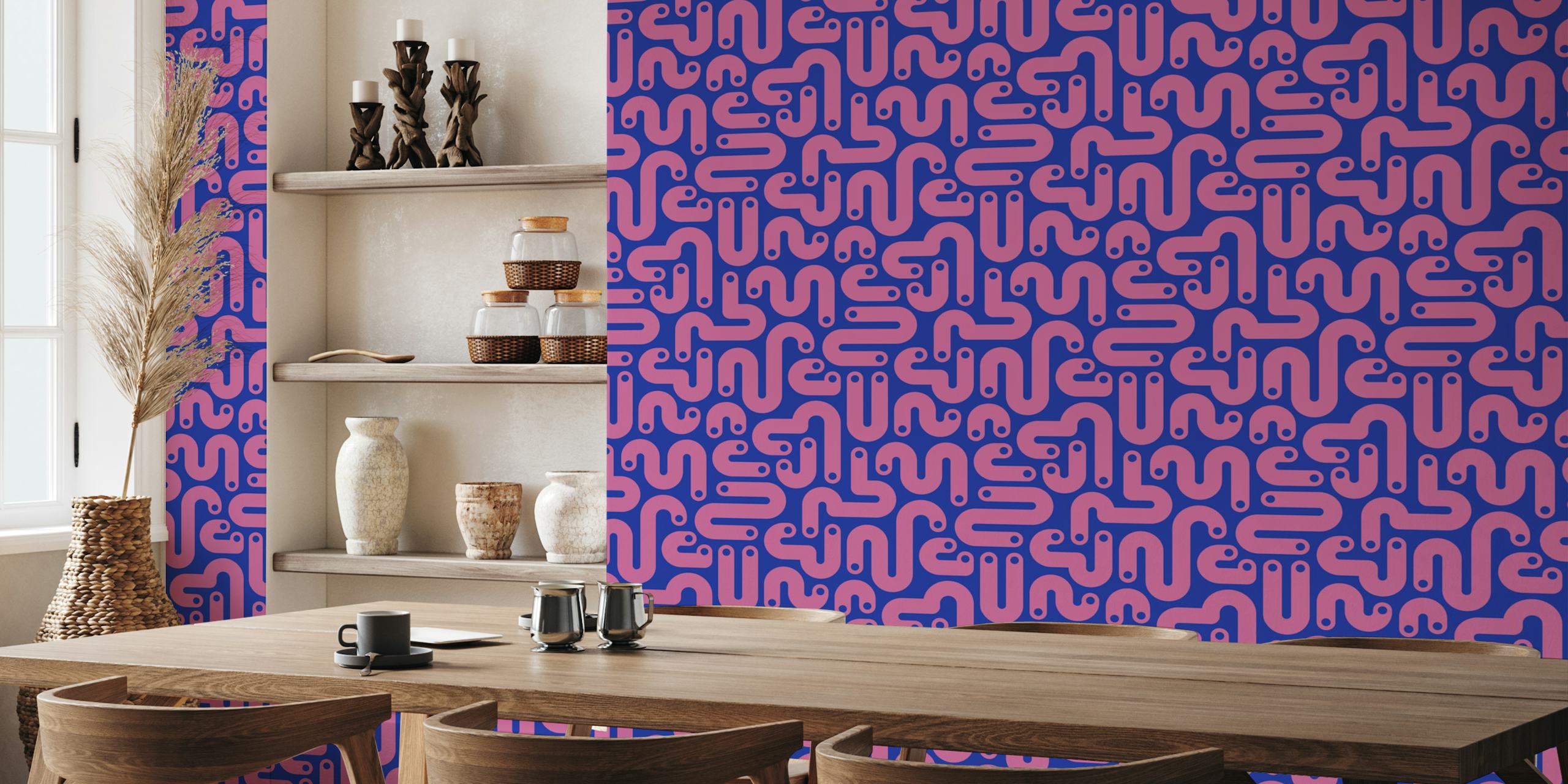Curvy pink and blue abstract design wallpaper