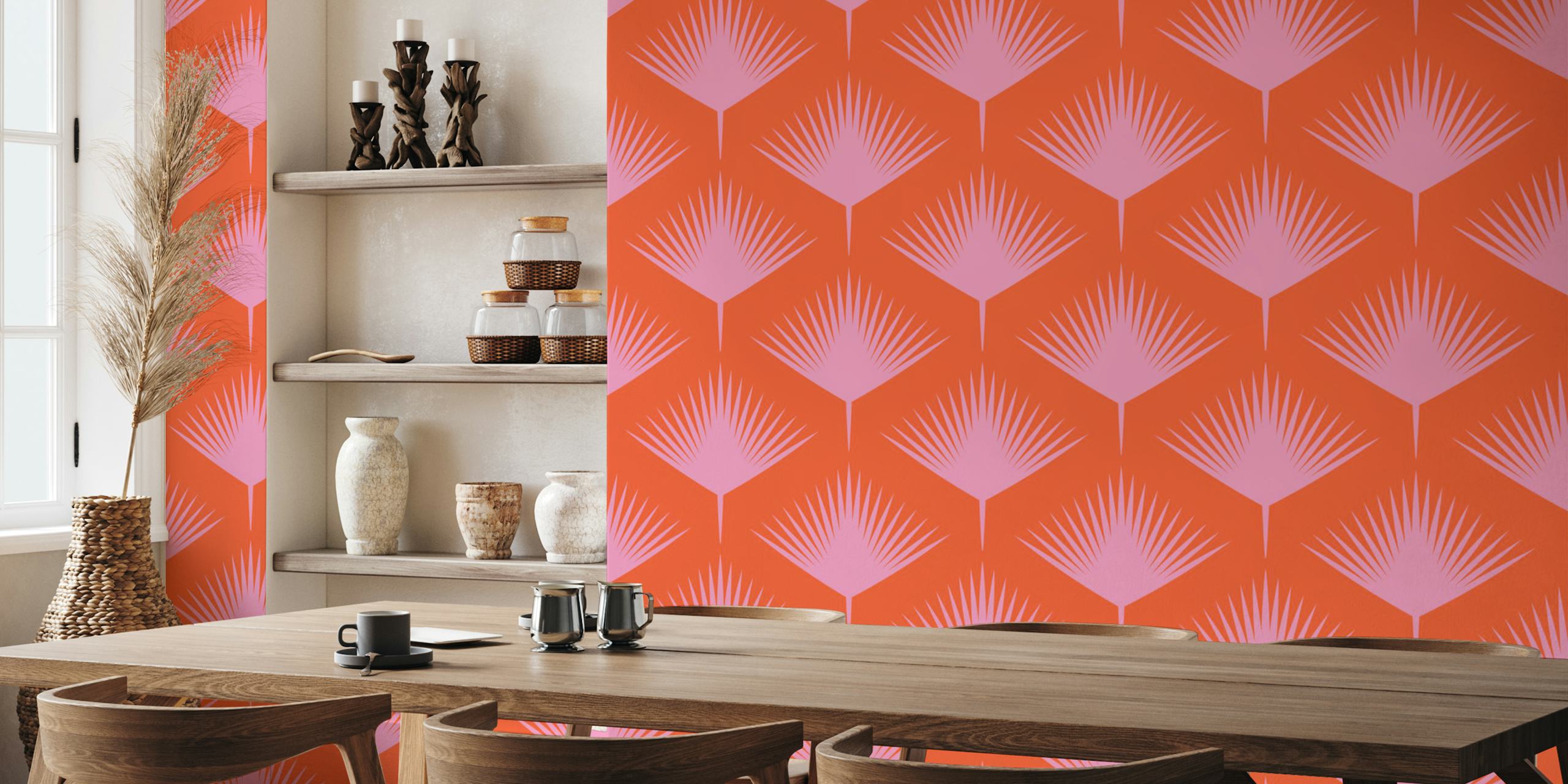 Abstract Modern Geo Palm Leaves in oranje en roze