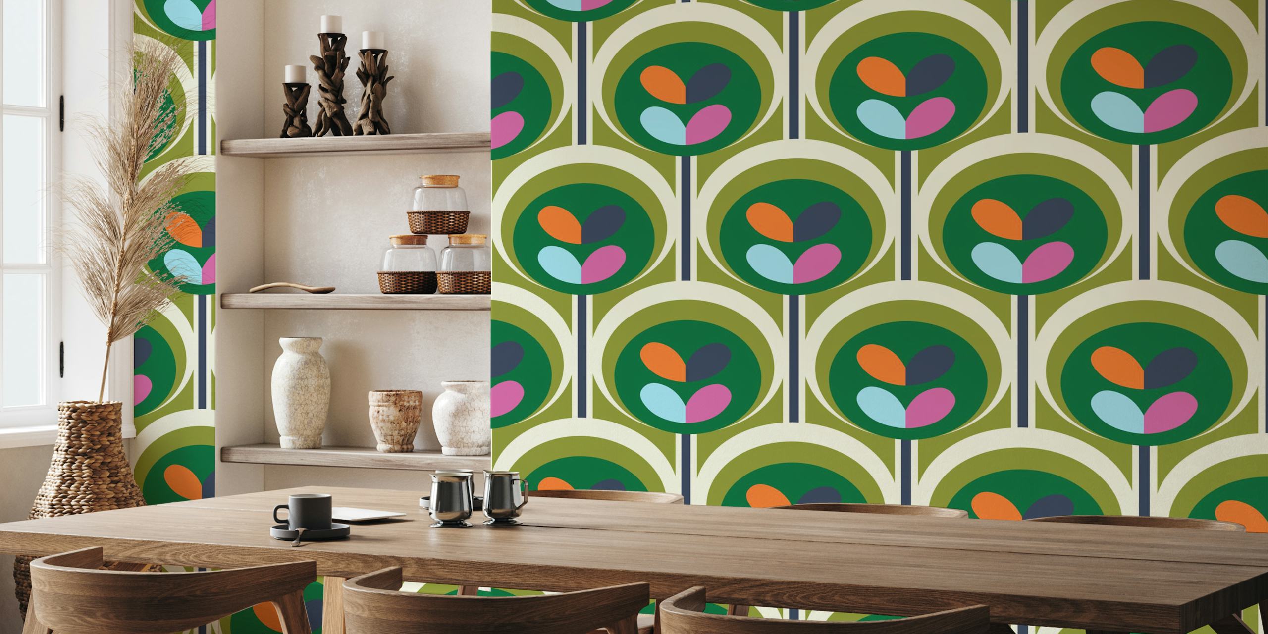 Geometric pattern with colorful leaves in green and blue wallpaper