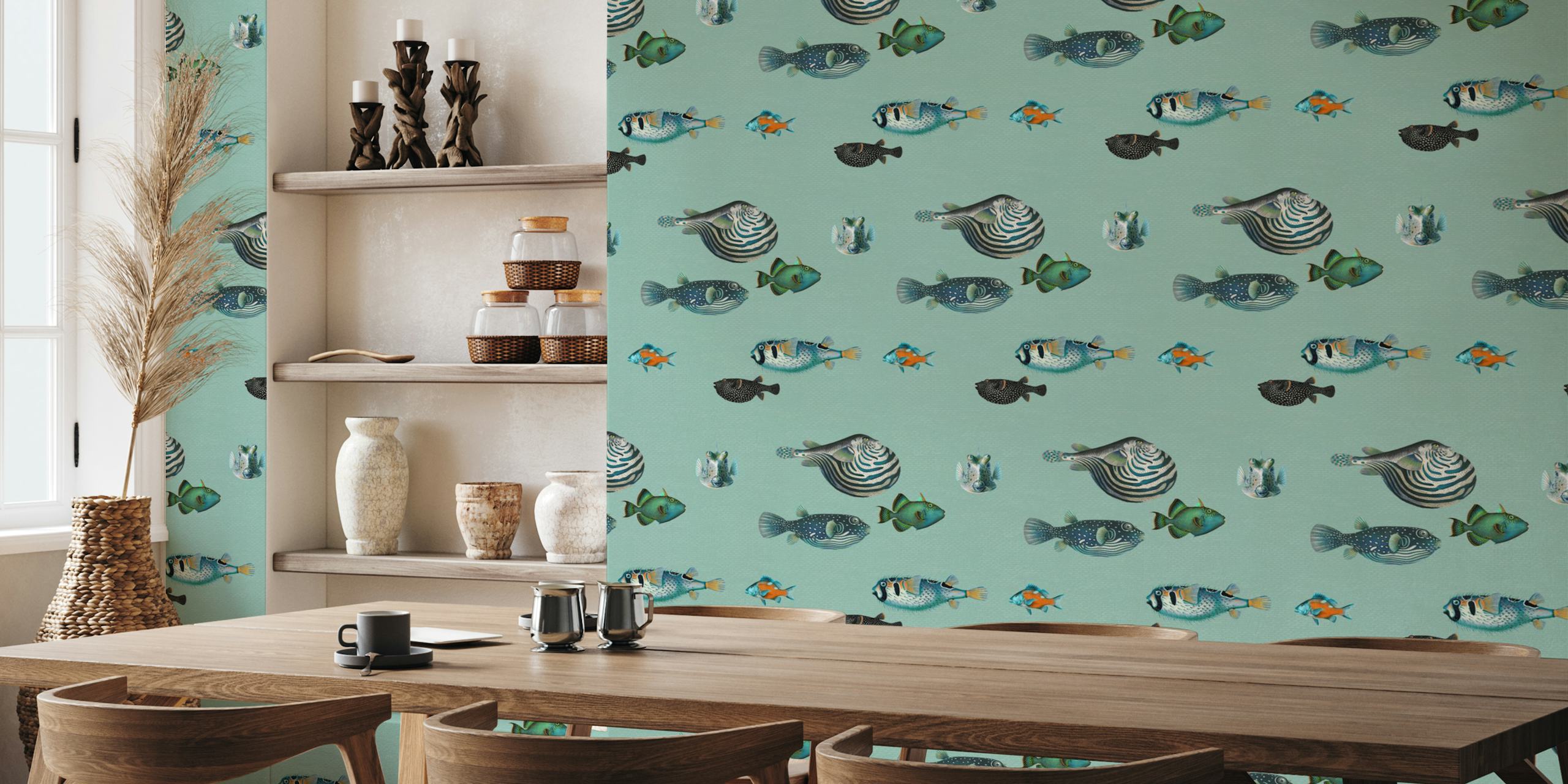 Acquario Fish Pattern wall mural with various fish illustrations on duck egg blue background