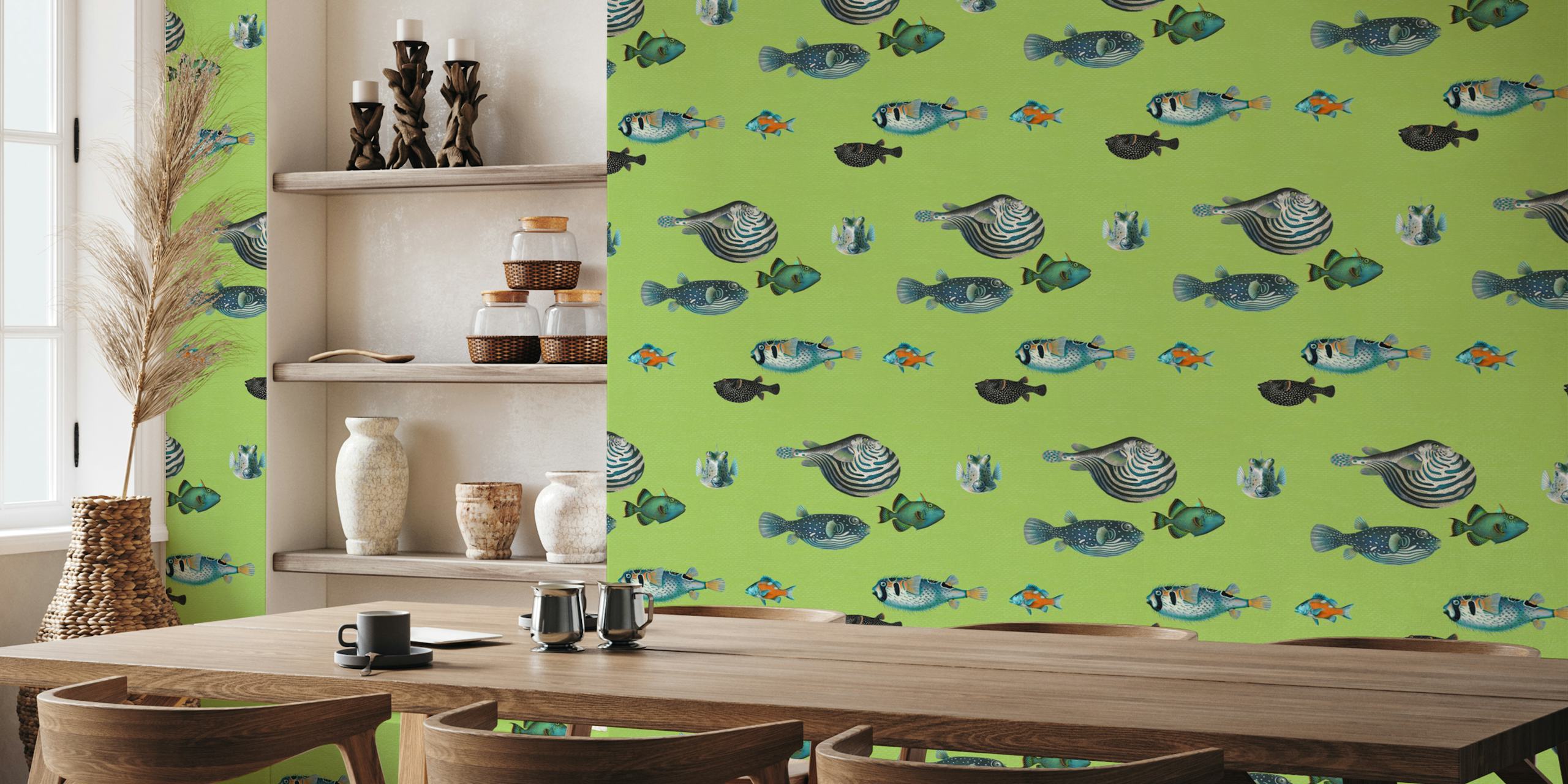 Underwater fish pattern wall mural on apple green background