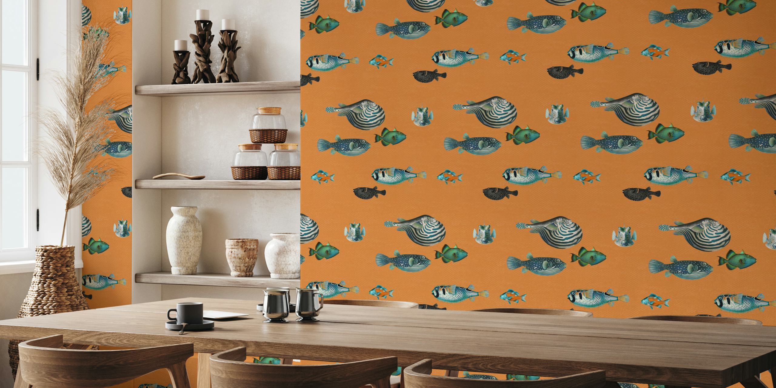 Orange fish pattern wallpaper in a room