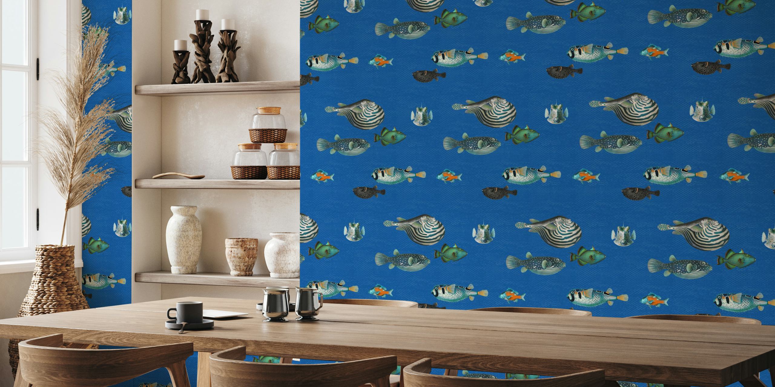 Cobalt blue wallpaper with colorful fish pattern