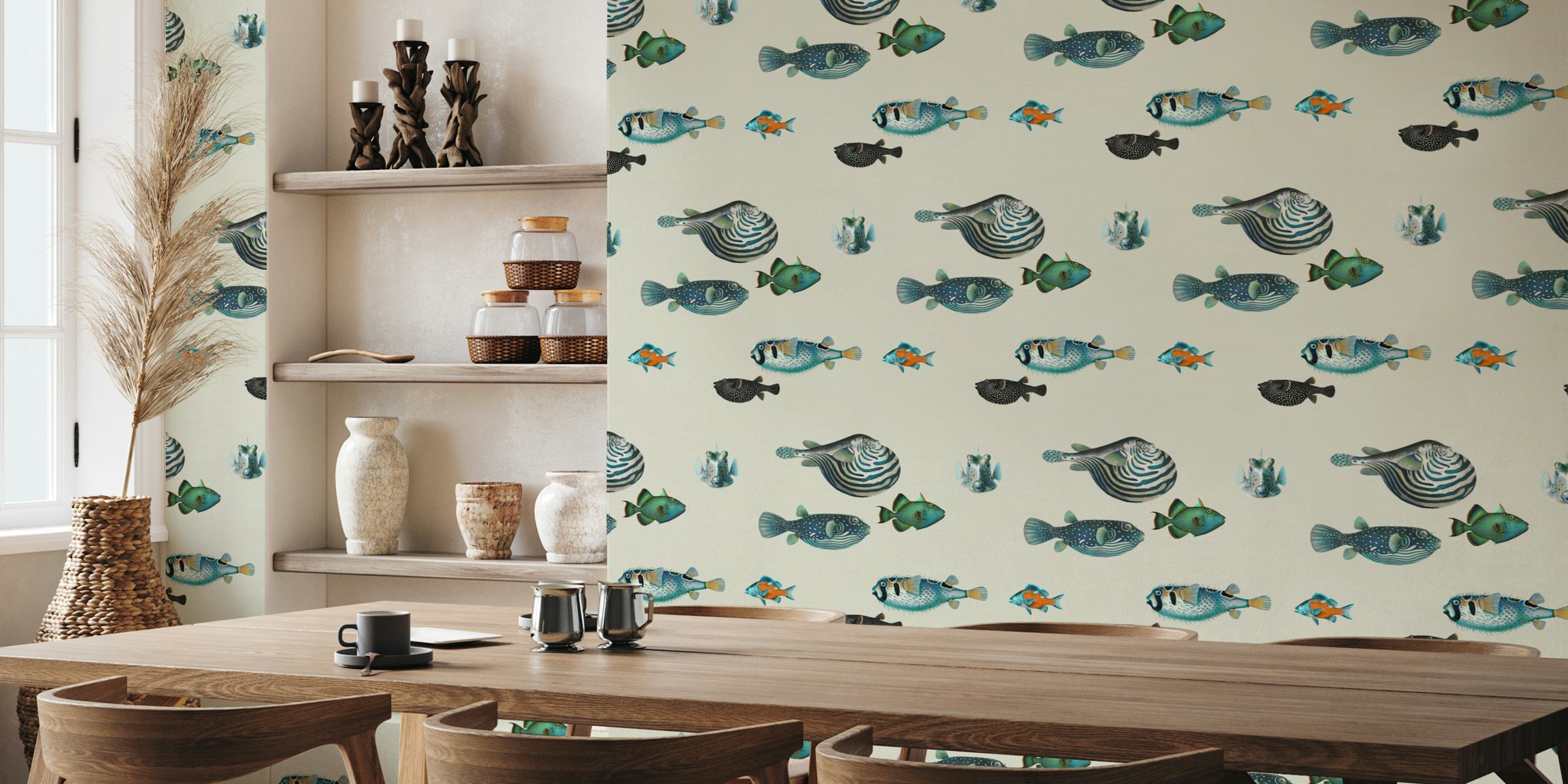 Acquario Fish Pattern zidna slika krem boje s ilustracijama riba u pastelnim bojama