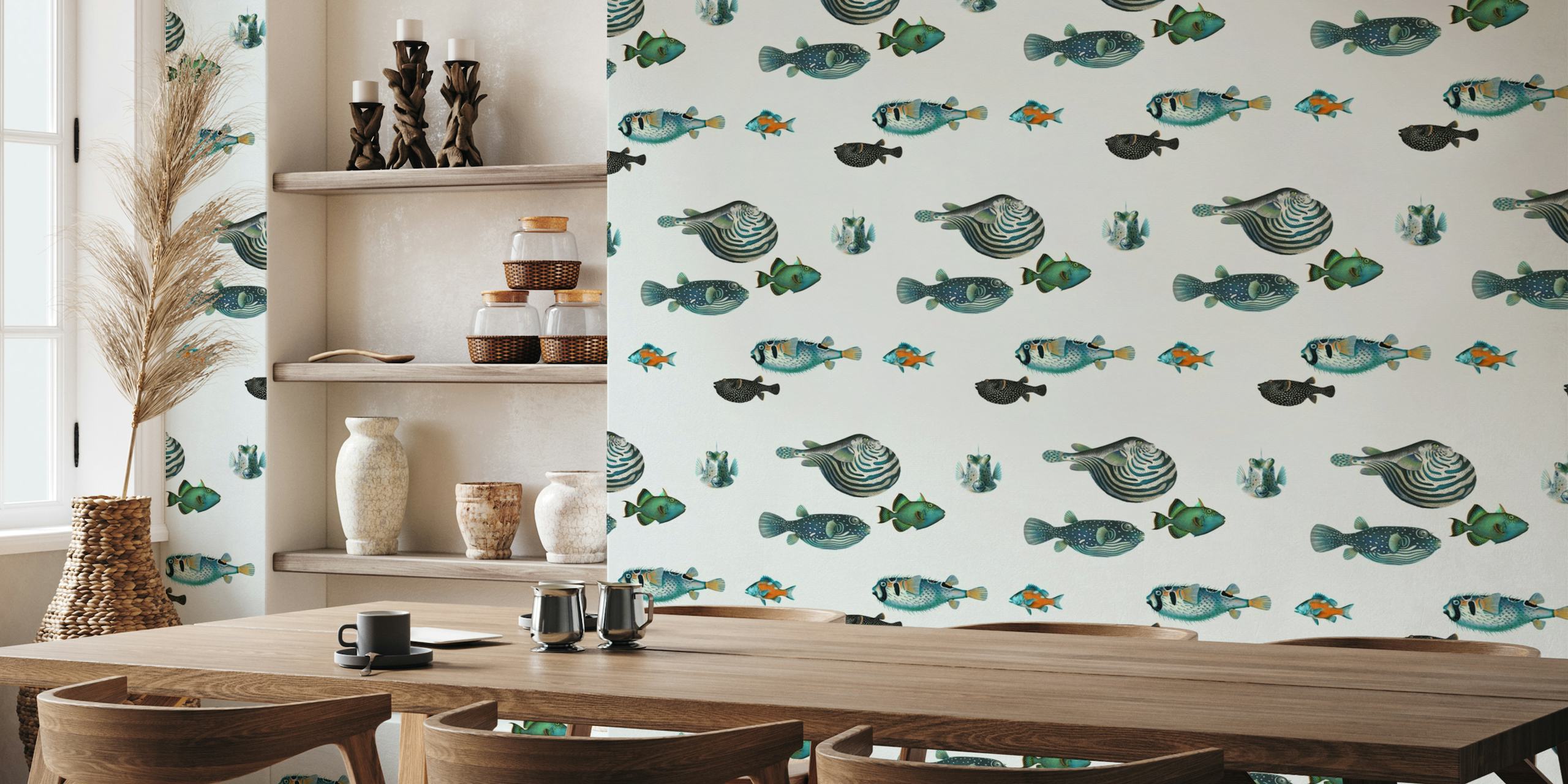 Acquario Fish pattern in stone white wallpaper