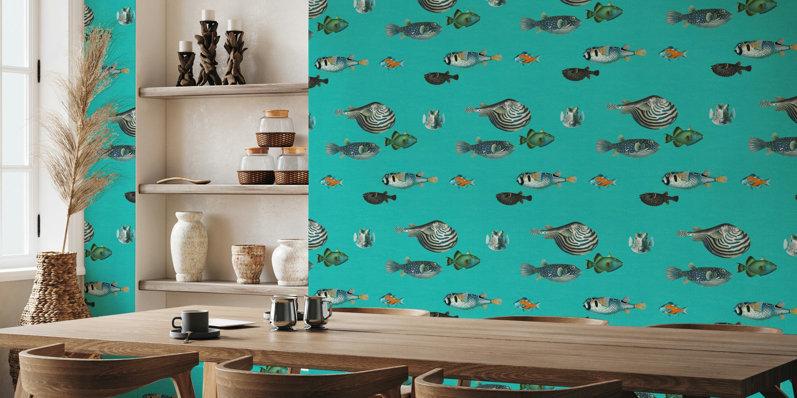 Tropisk fiskemønster på turkisblå vægmaleri