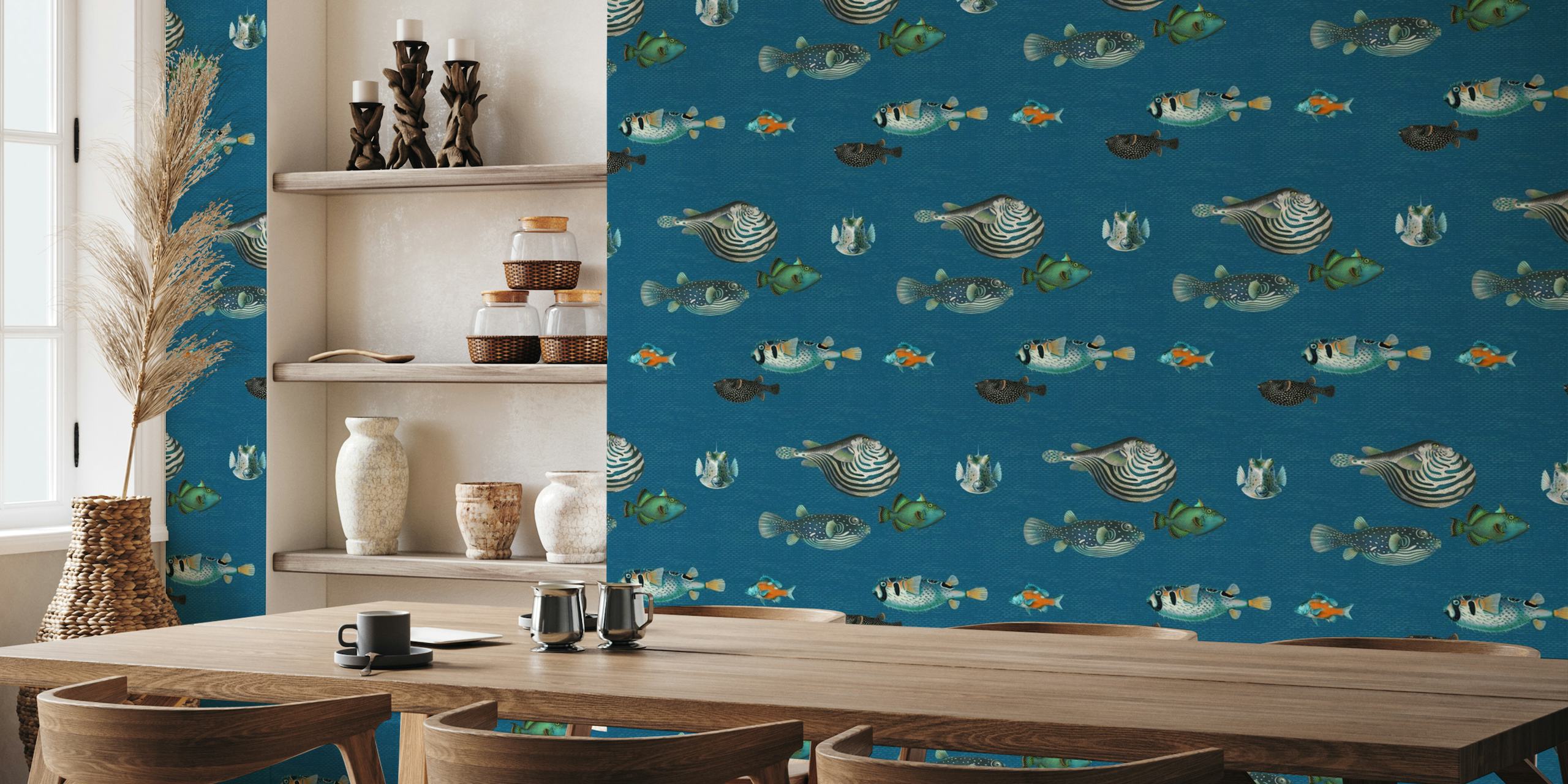 Acquario Fish pattern in marine blue carta da parati