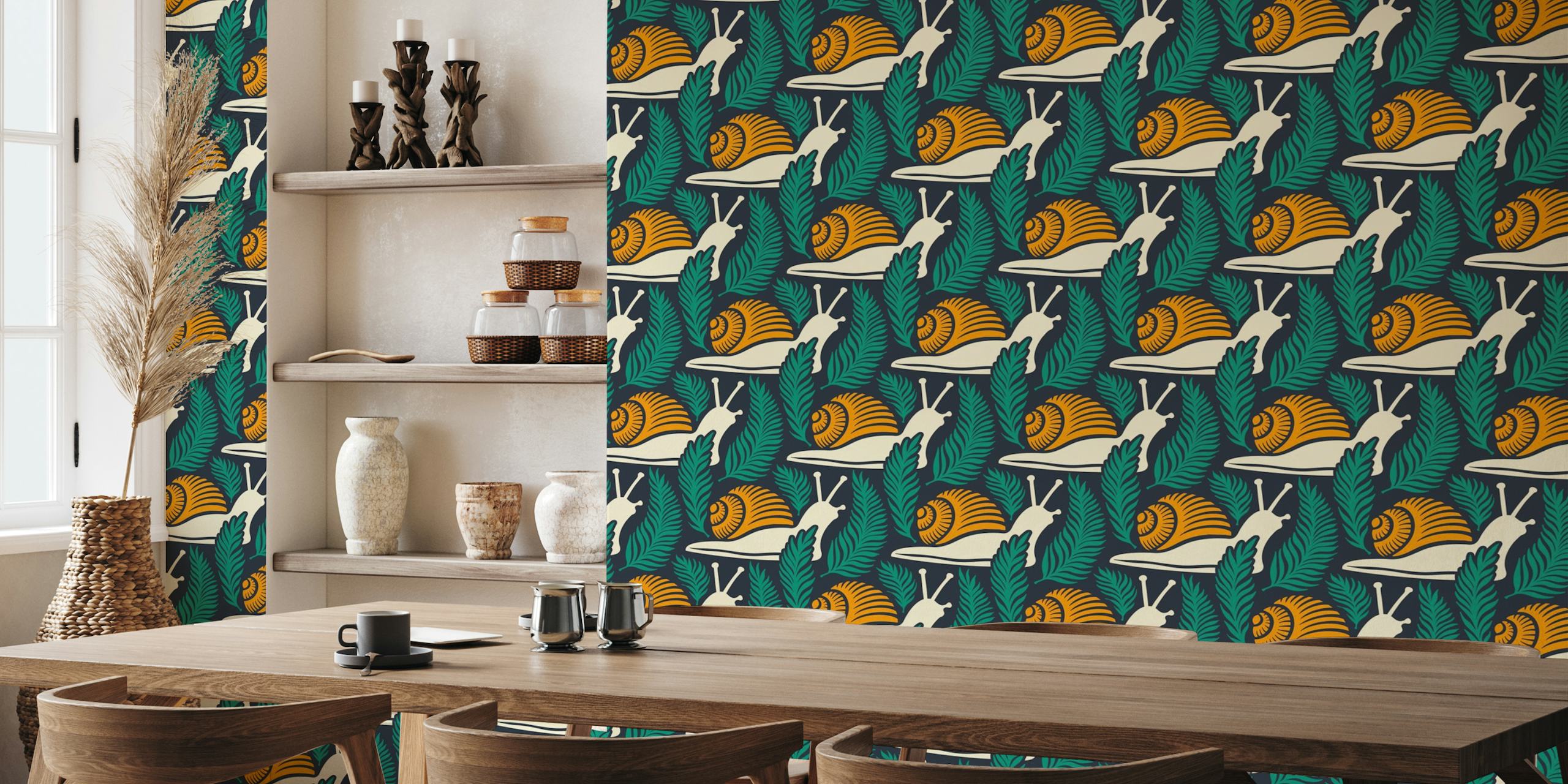Snails in ferns, teal yellow / 3001 A tapet
