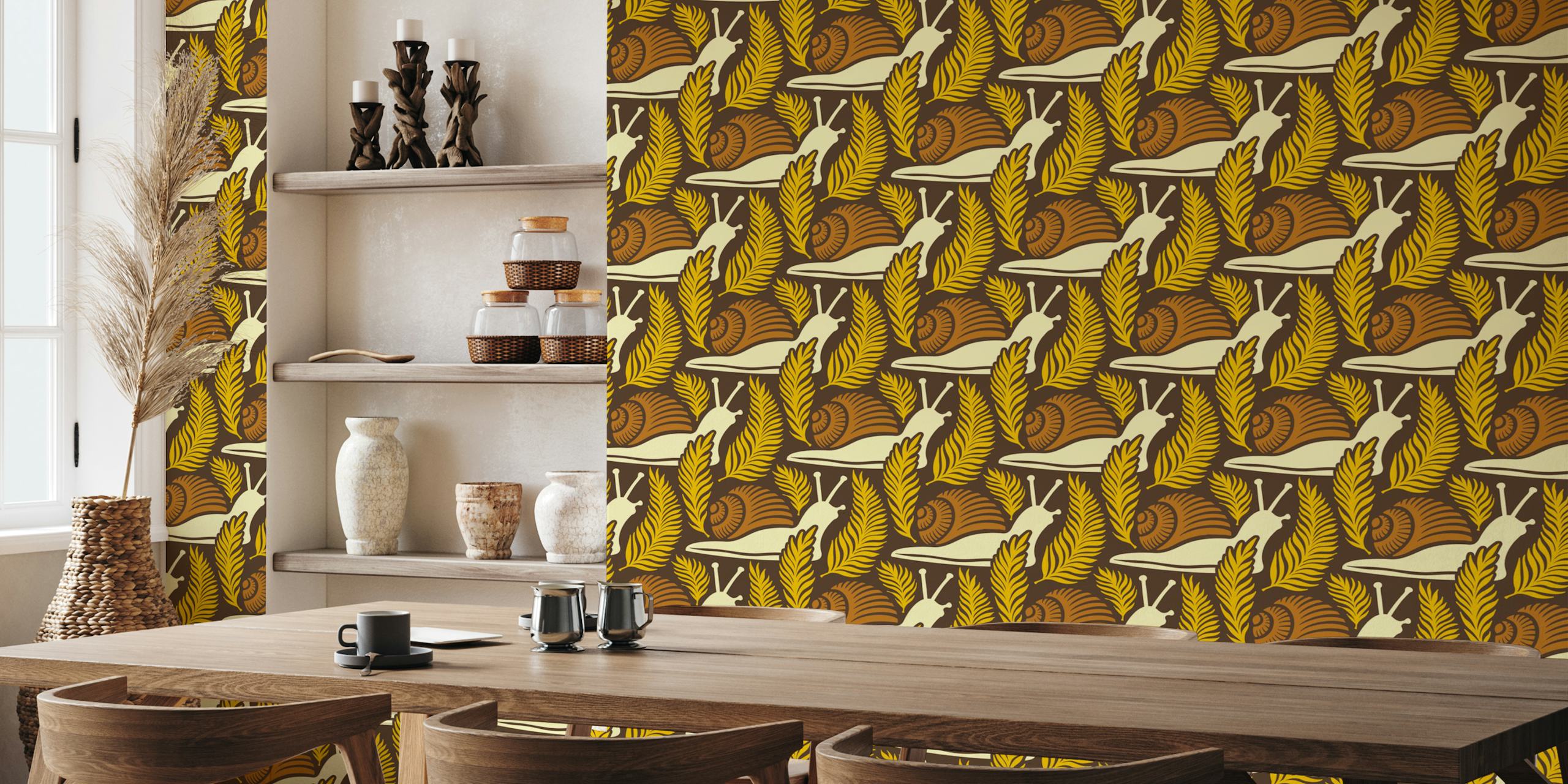 Snails and ferns in brown with green accents wallpaper