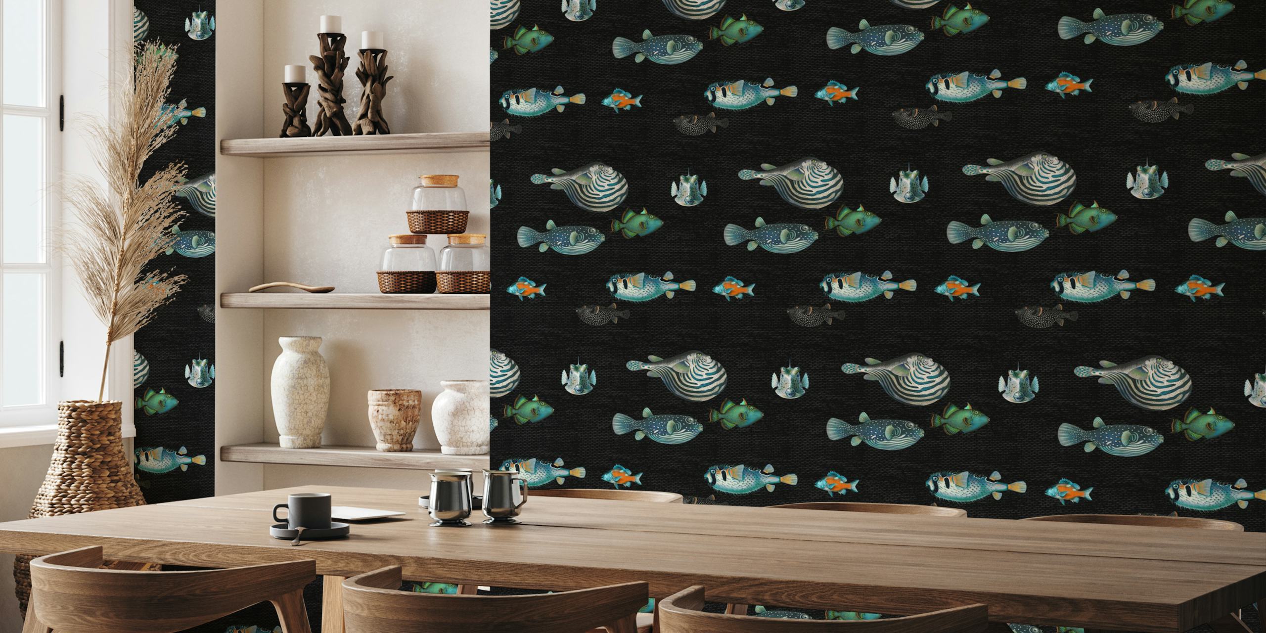 Colorful fish pattern on black background wallpaper