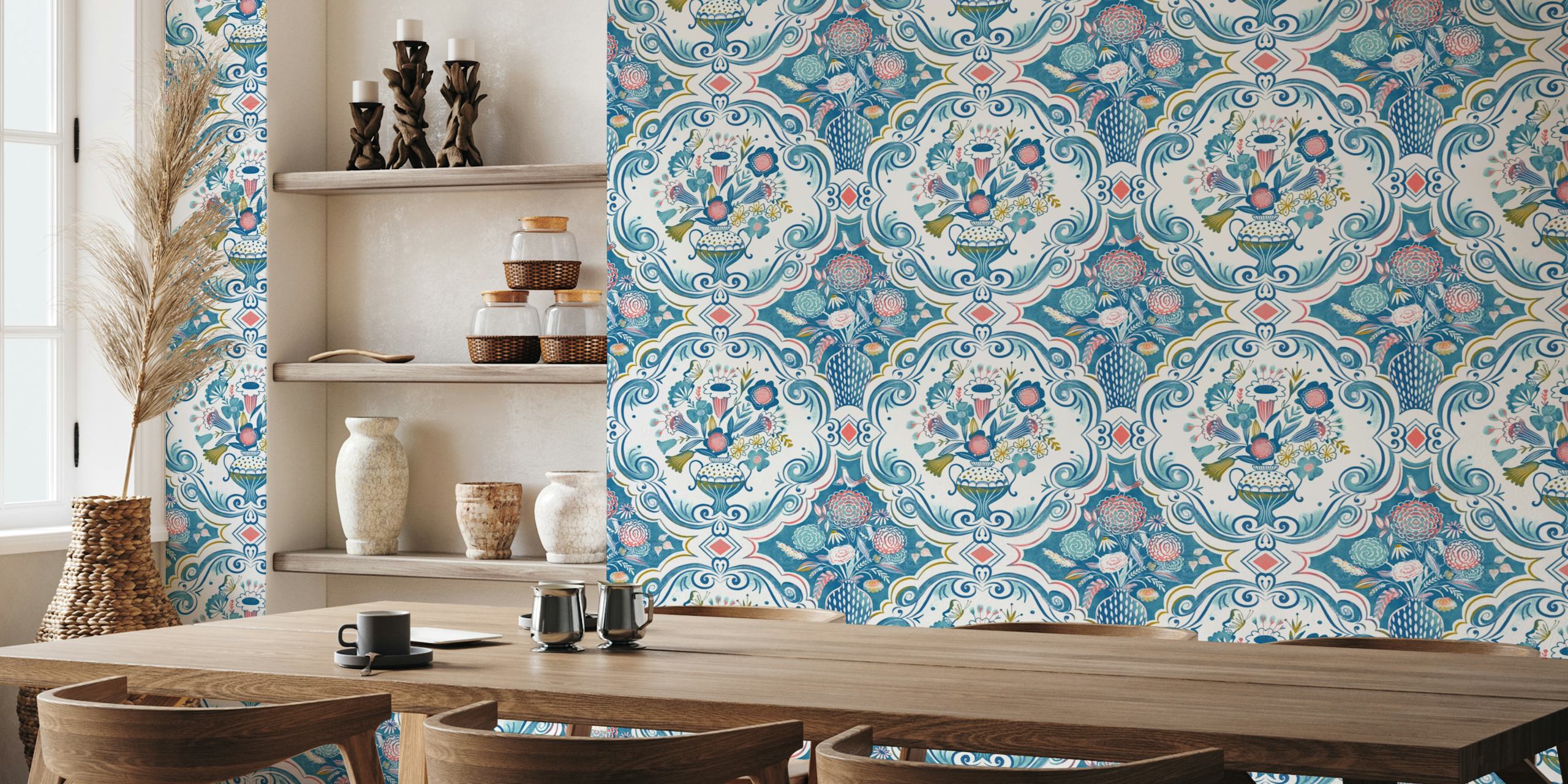 Papier peint mural sticker damassé floral bleu et blanc