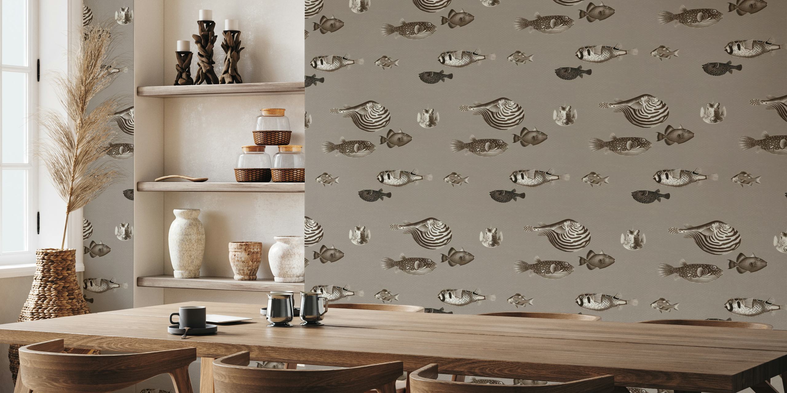 Acquario Fish pattern neutral taupe beige wallpaper