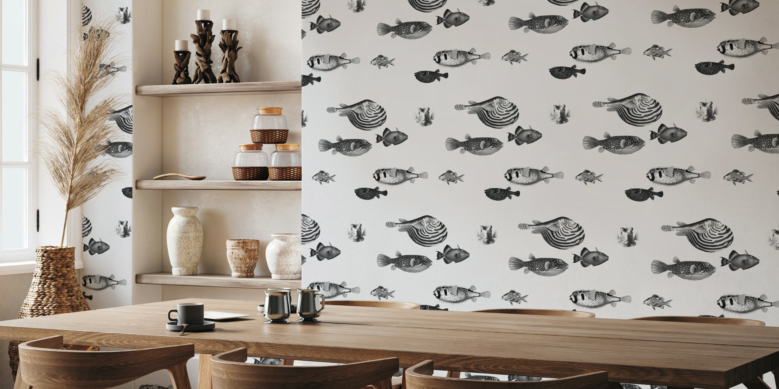 Carta da parati con motivo Acquario Fish in bianco e nero con varie specie