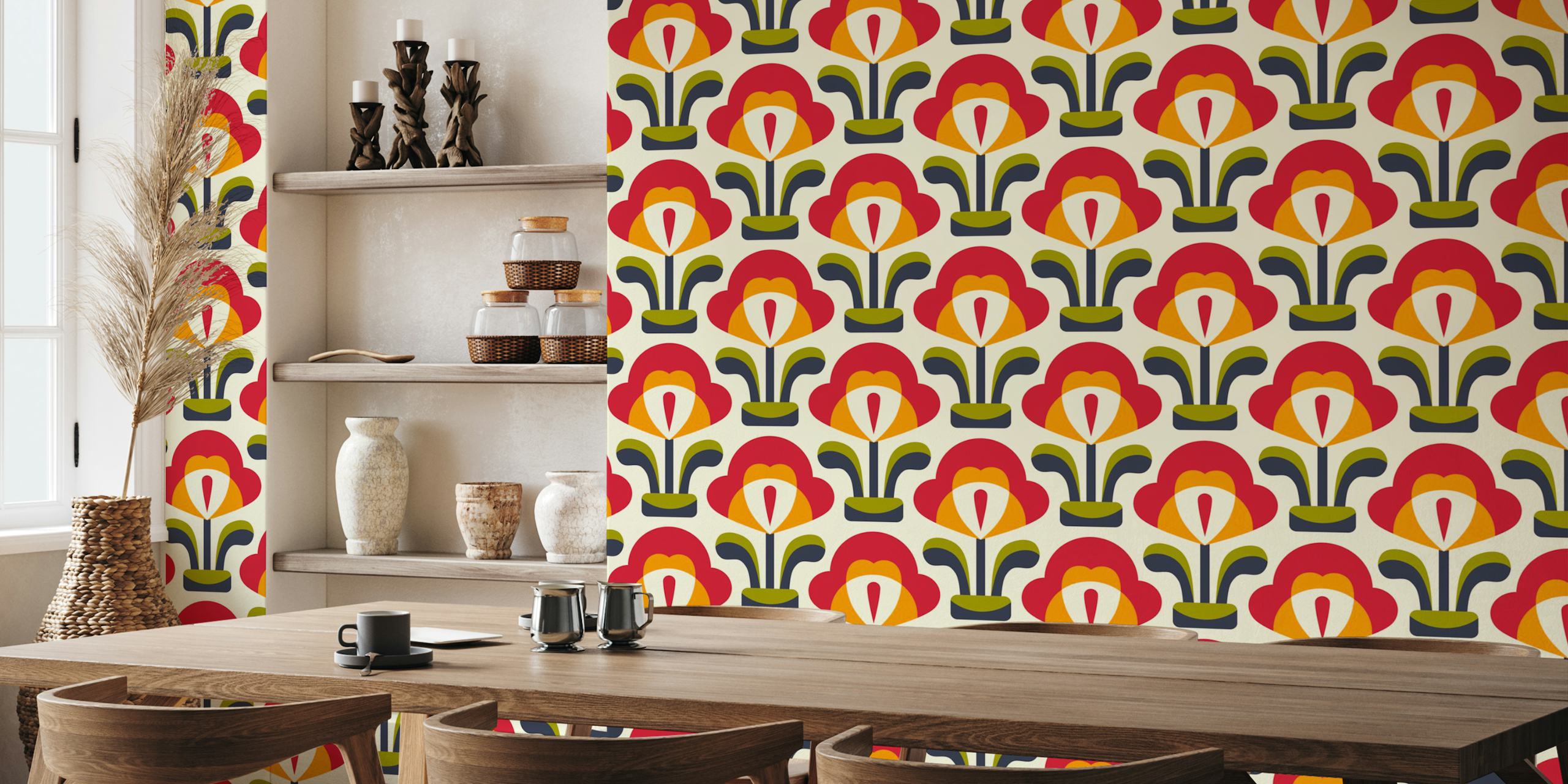 Vibrant retro blossoms wallpaper design