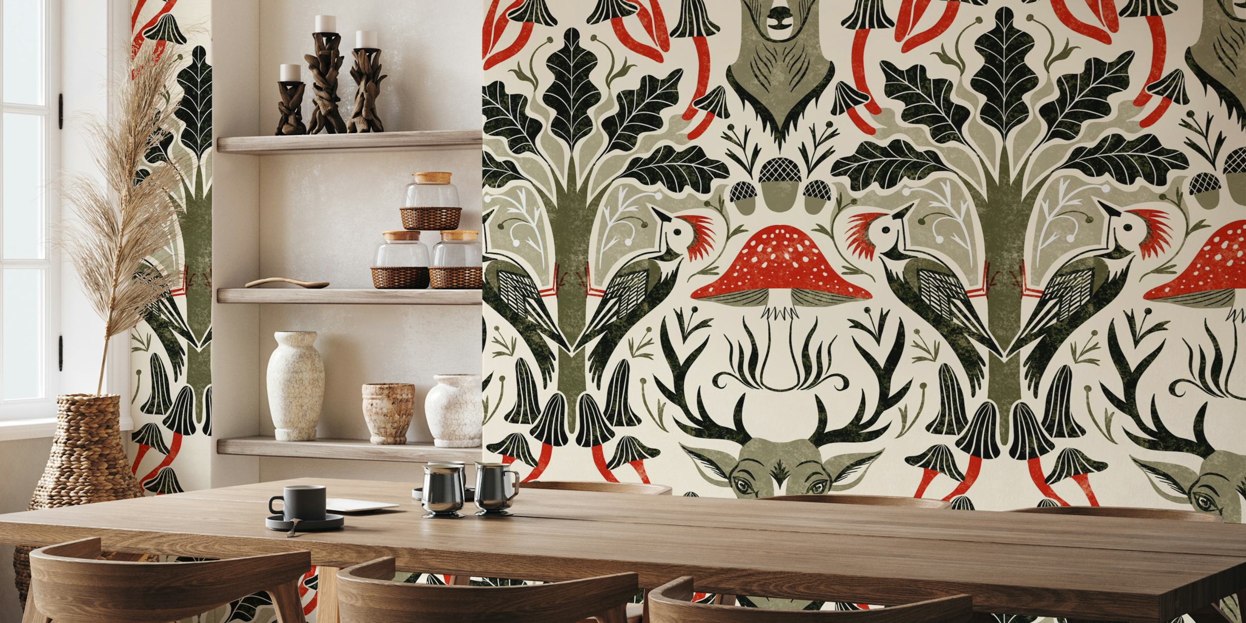 Woodpecker, deer, and oak tree pattern in earthy tones wallpaper