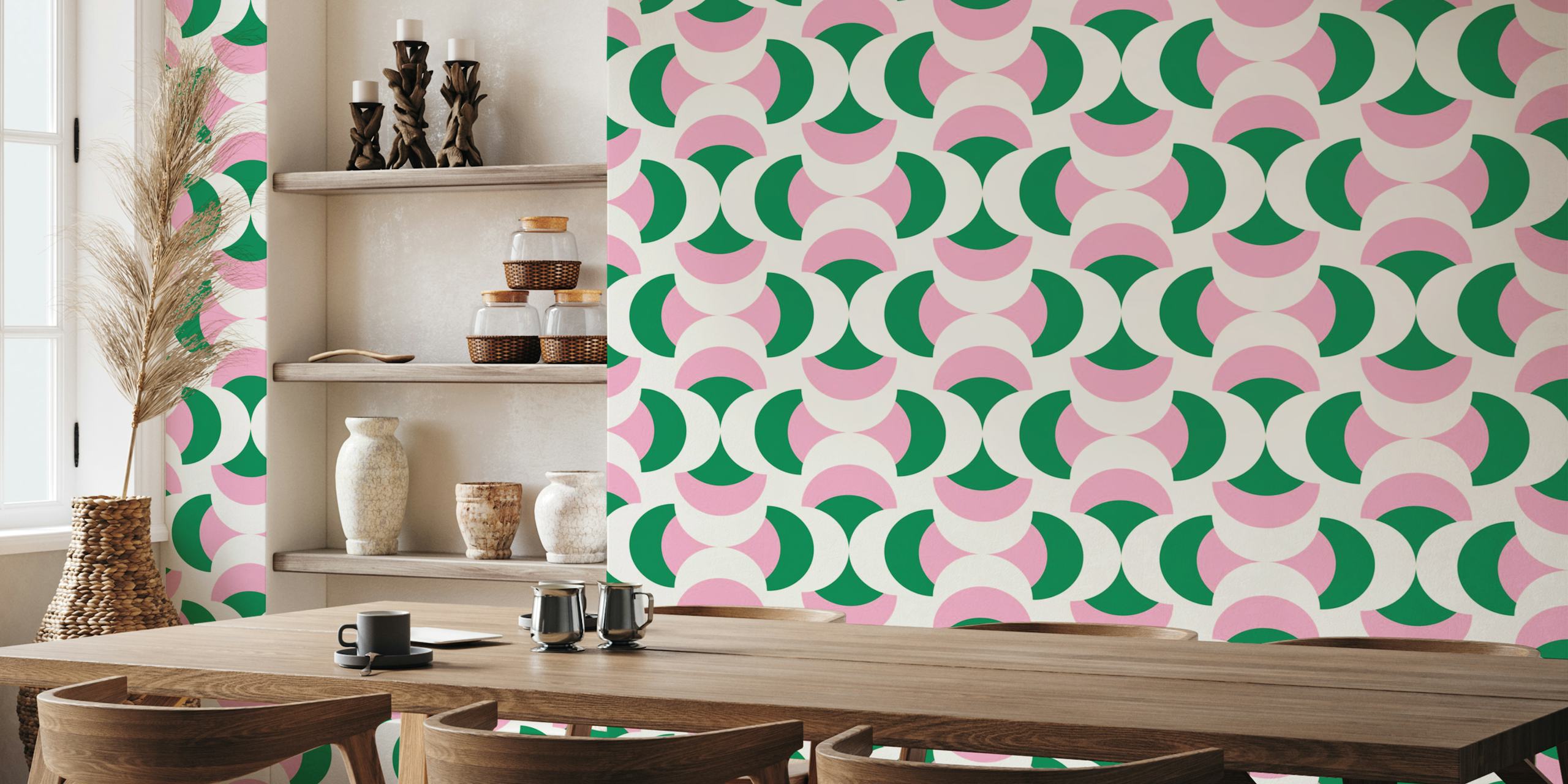 Green pink retro abstract wallpaper σε ένα δωμάτιο