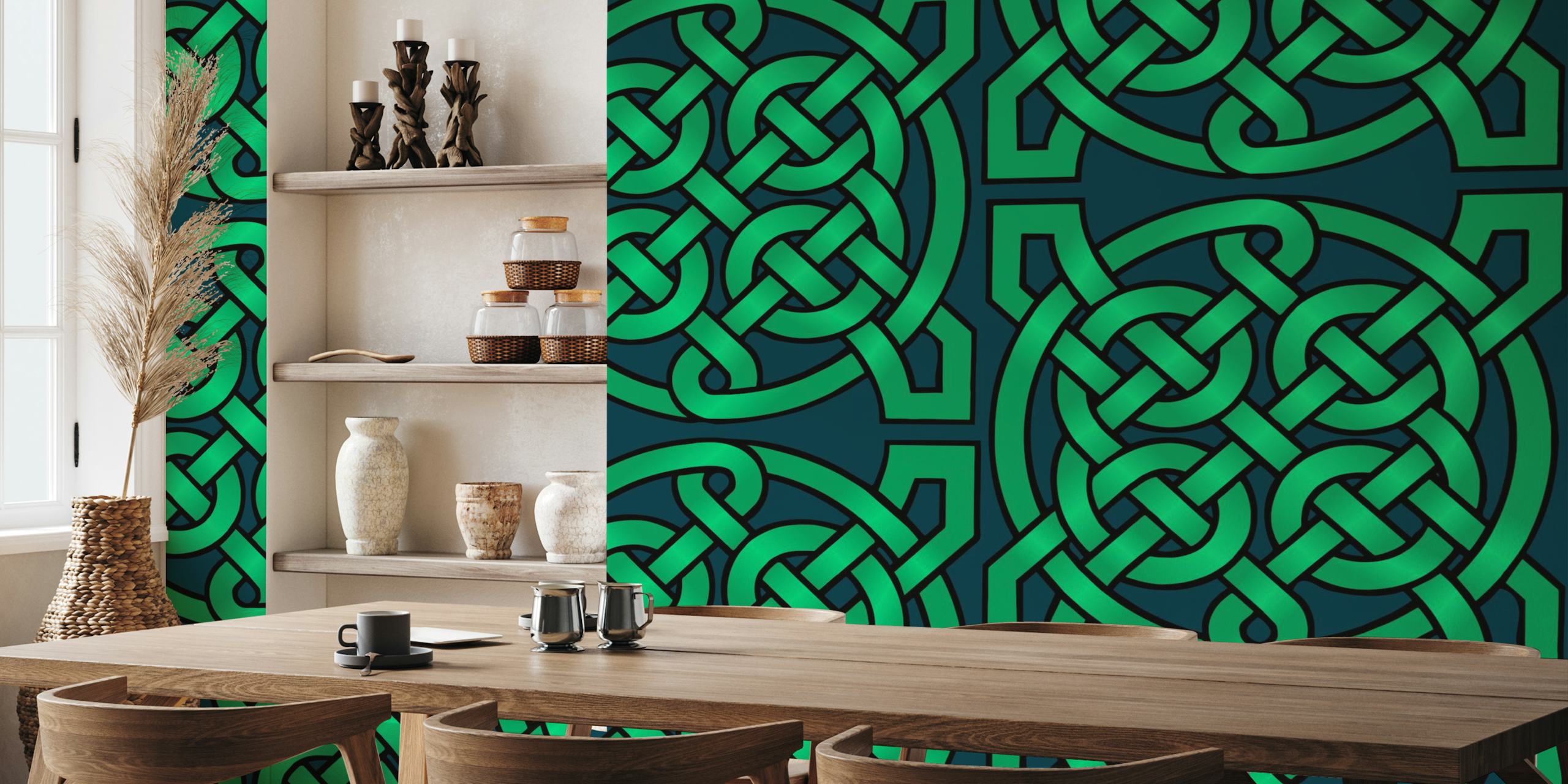 Navy-green Celtic knot wallpaper in a room