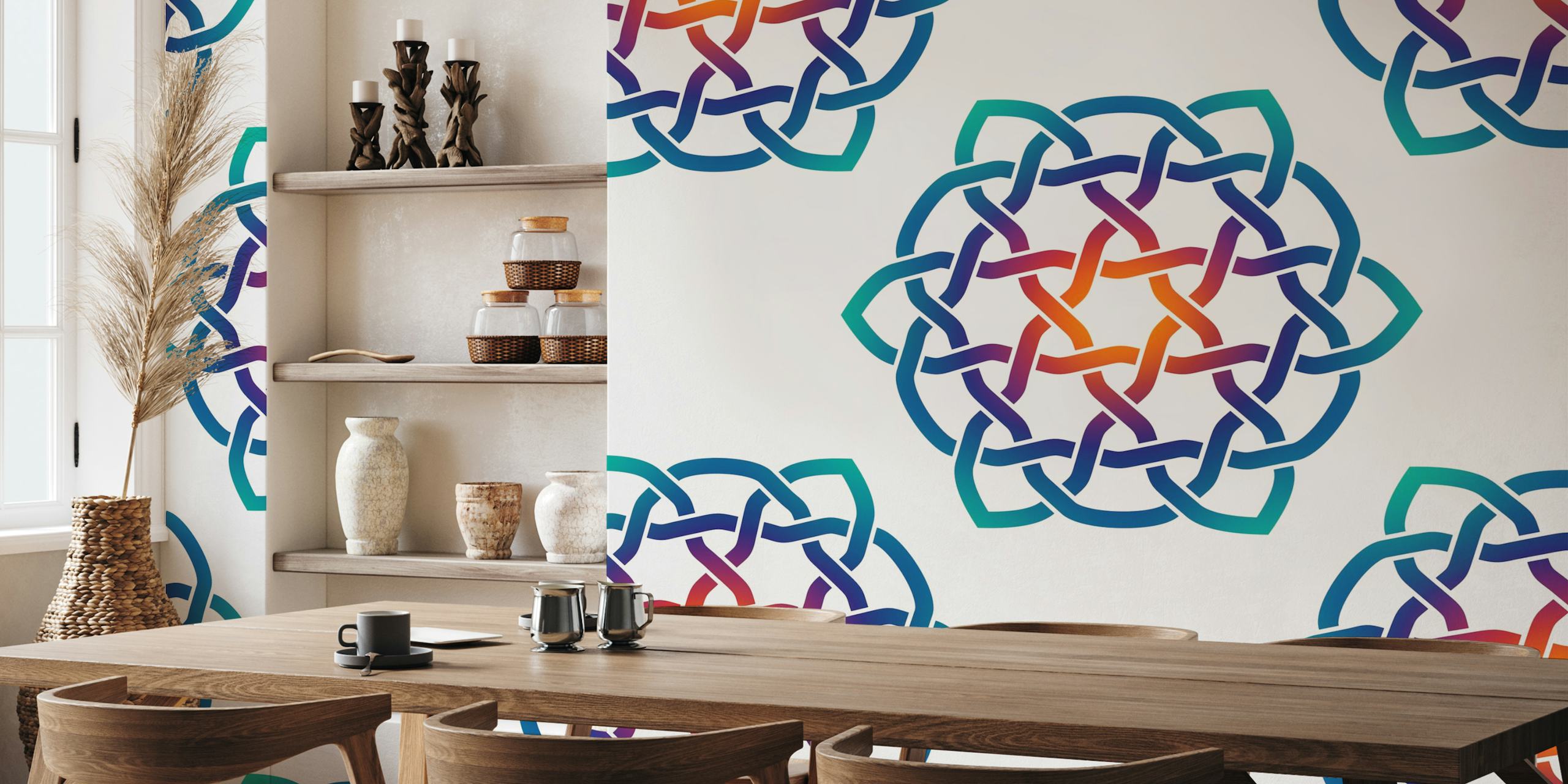 Colorful rainbow Celtic knot geometric pattern wallpaper