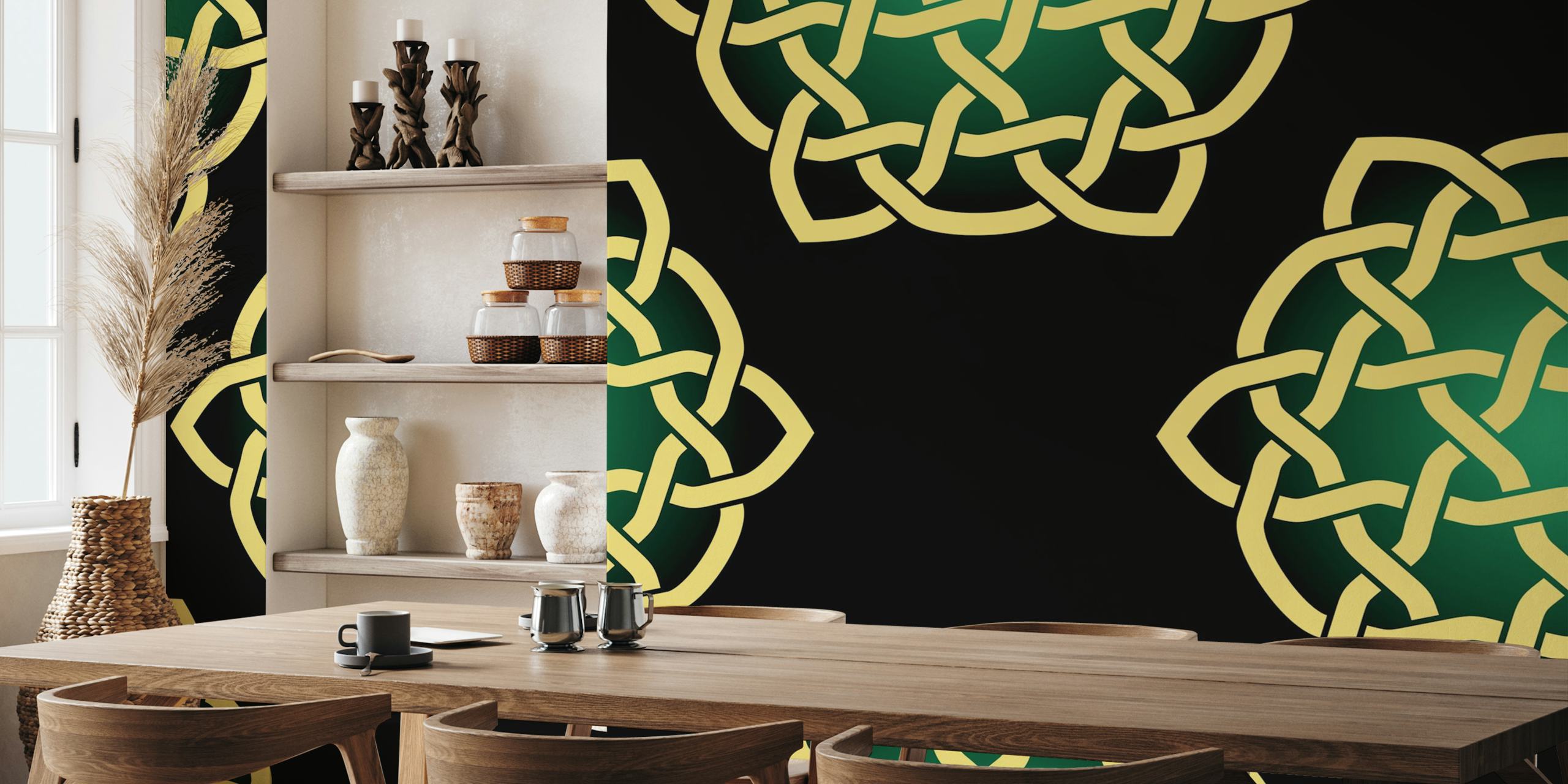 Gold and green Celtic knot pattern on black wallpaper