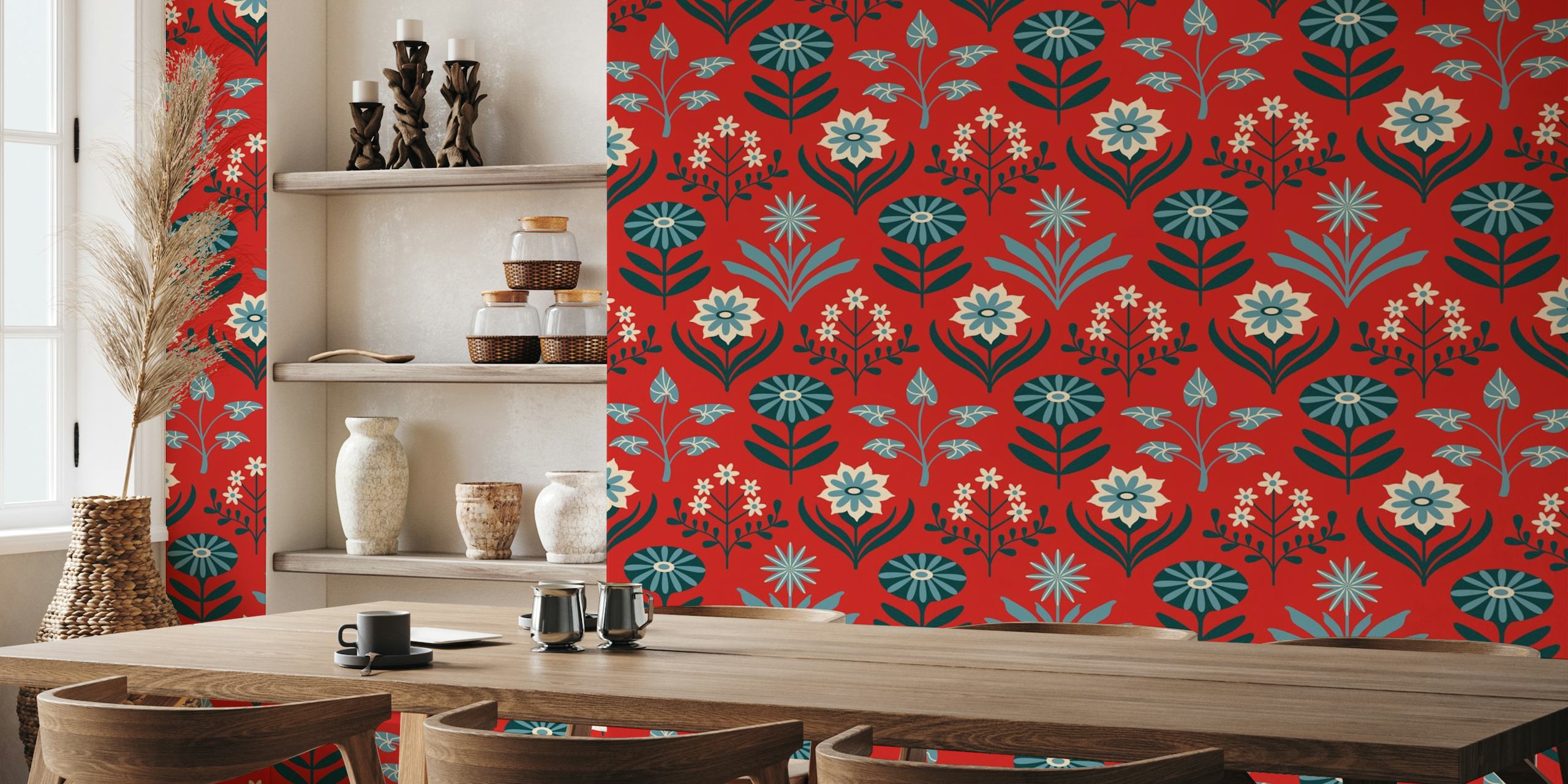 Mid-century Scandinavian-inspired floral patterns on a deep red background wall mural.