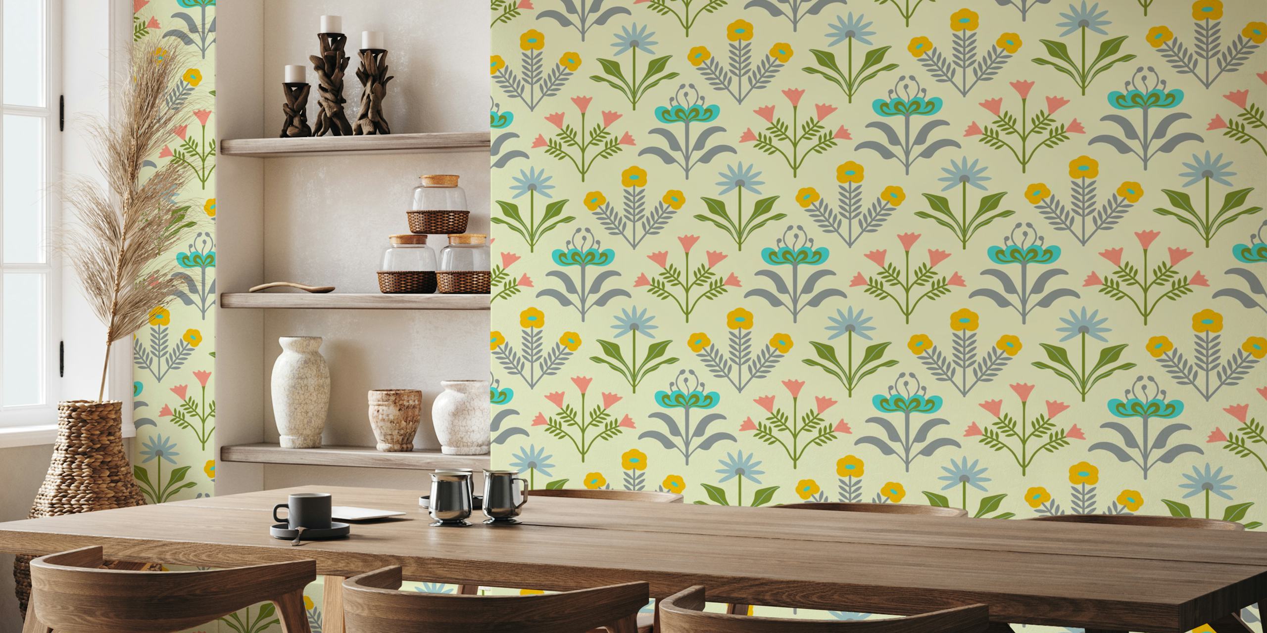 Retro Scandinavian-style floral patterned wall mural in cream with blue, yellow, and pink accents