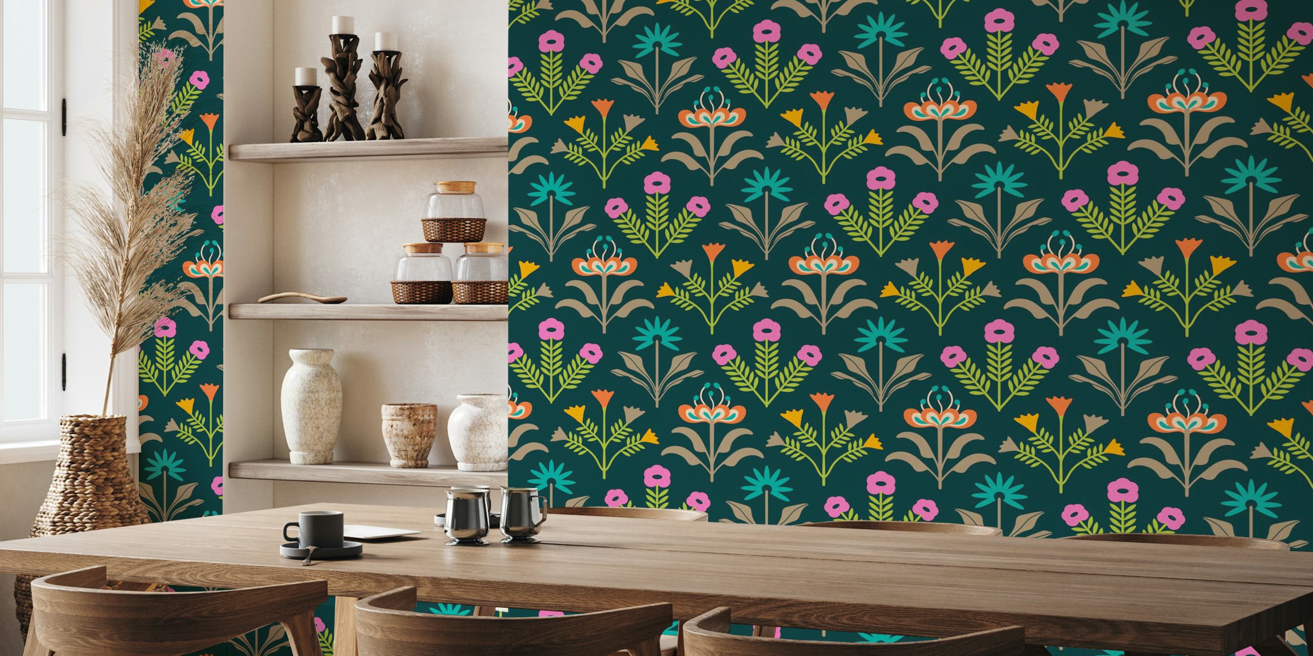 Teal floral wallpaper with pink and orange flowers in mid-century style