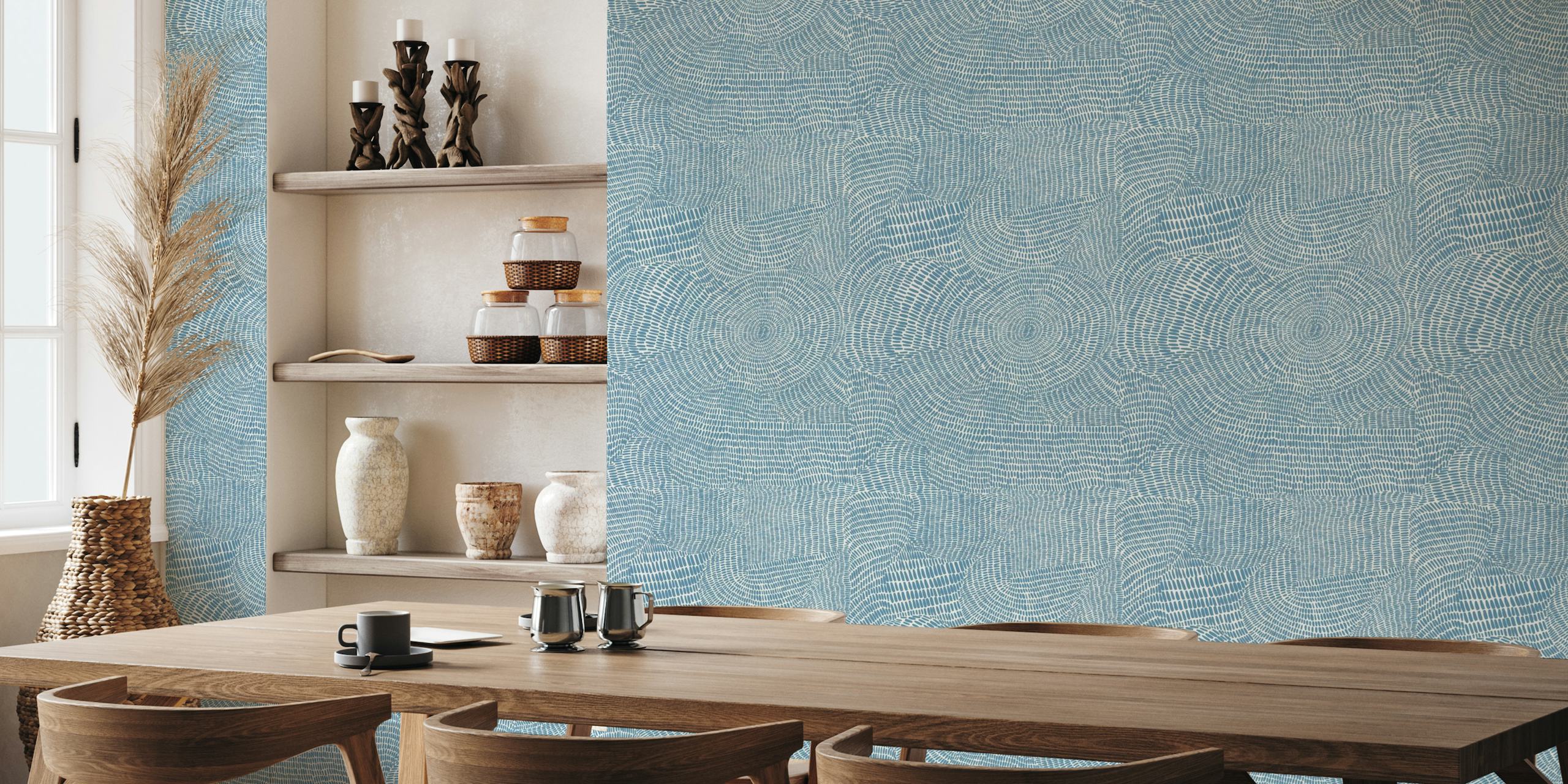 Abstract blue strokes wall mural featuring rhythmic, undulating patterns