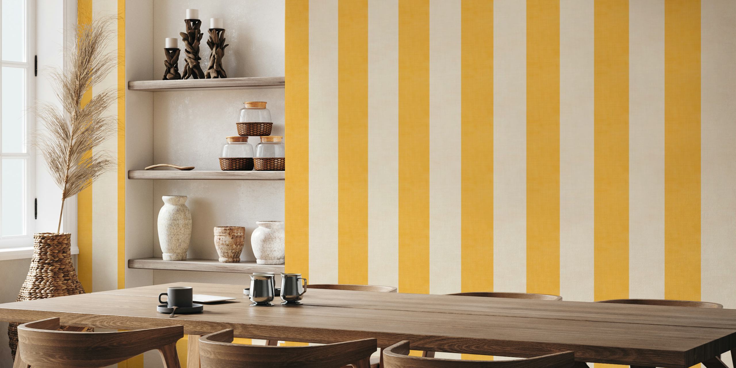 Yellow and cream striped wallpaper in a modern style