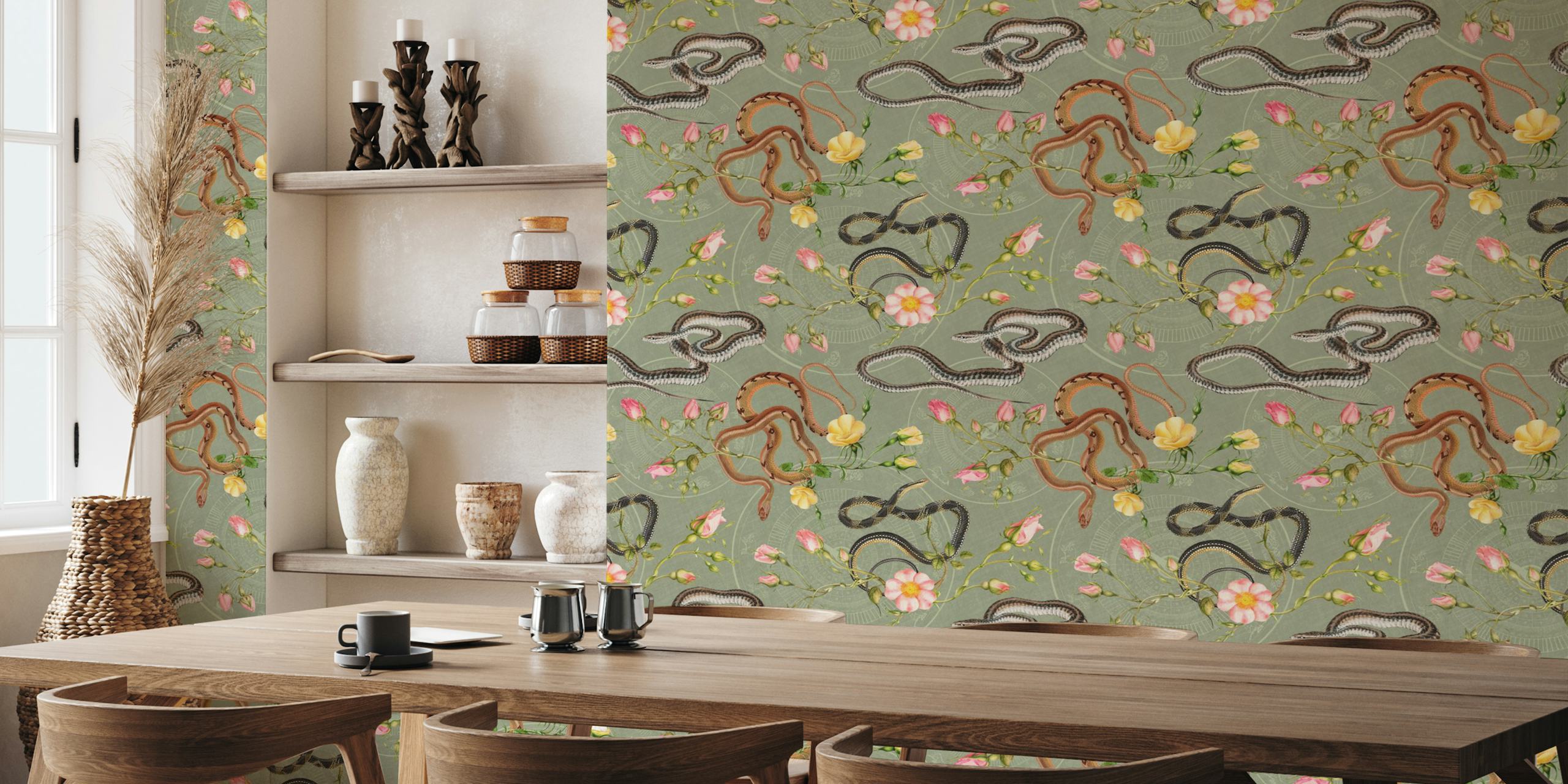 Sage green wallpaper with snake and floral patterns featuring pink roses and yellow flowers