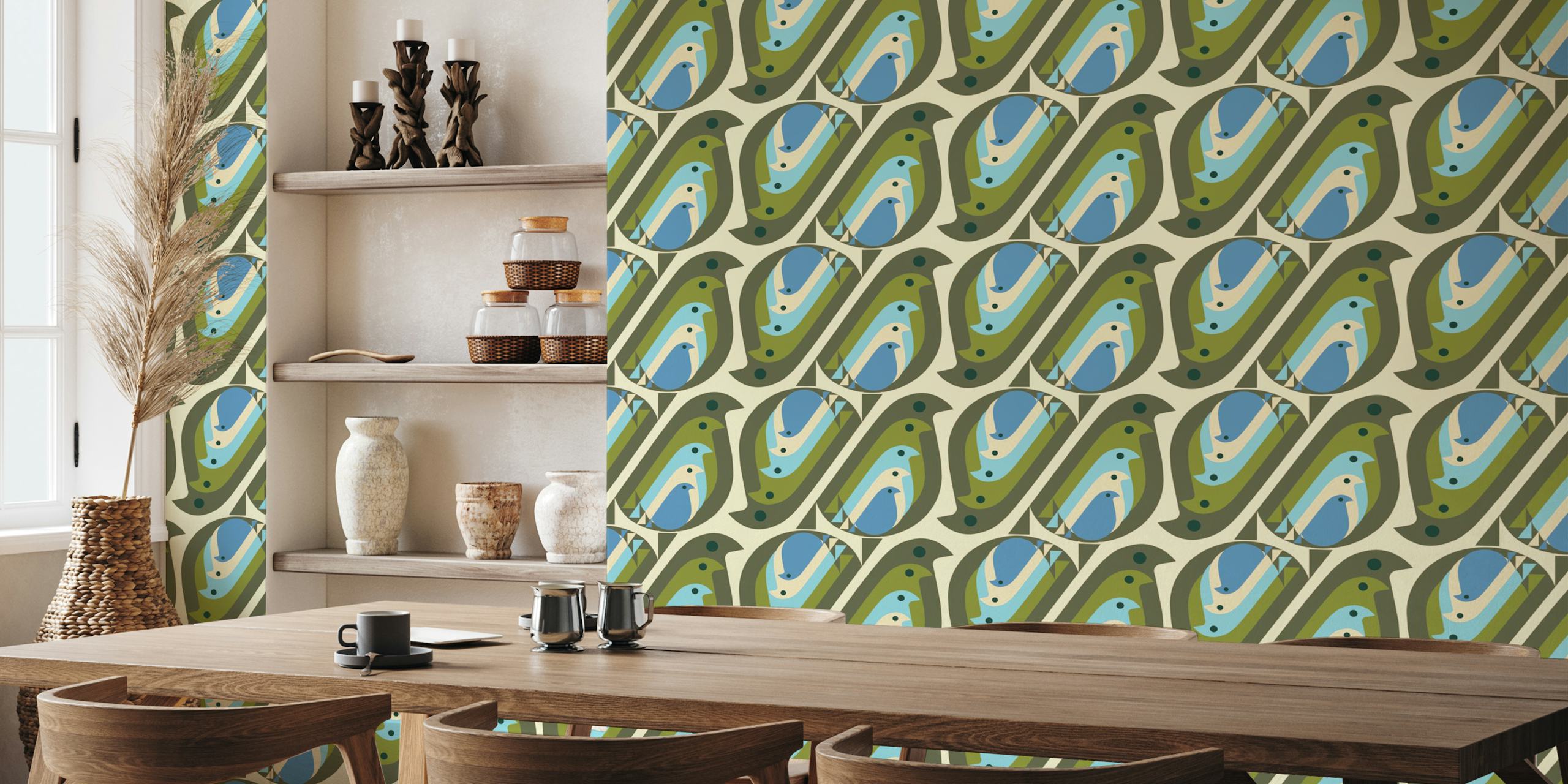 Colorful birds in blue and green patterns on cream wallpaper
