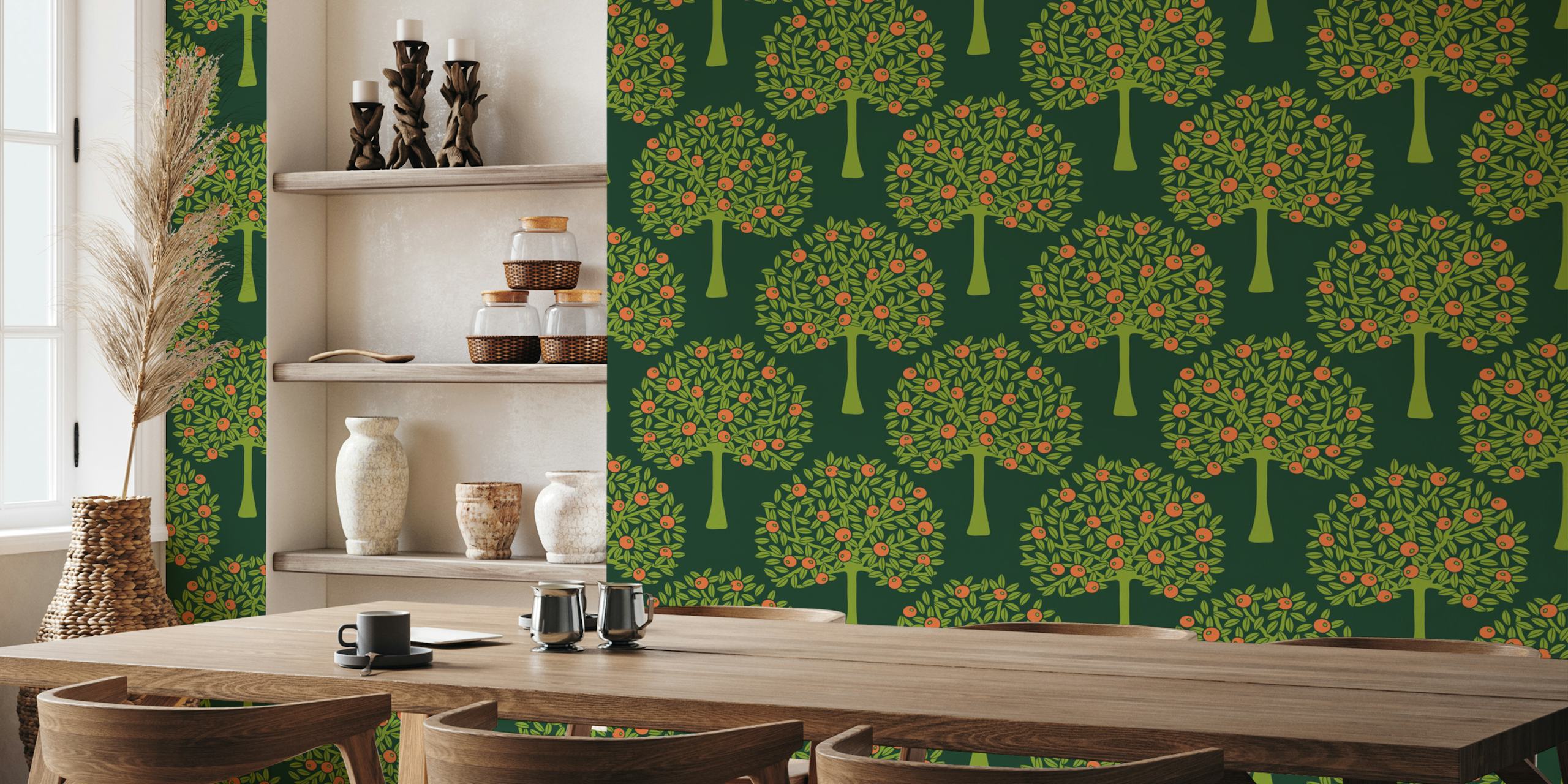 Papel De Parede Com Árvores De Frutas Cítricas Em Verde Escuro Orangerie Citrus Fruit Tree - Dark Green