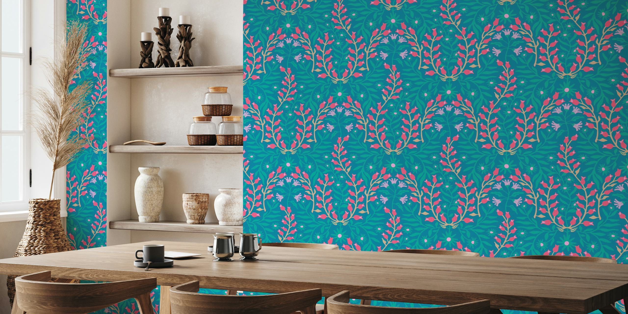 Blue floral wallpaper in a room