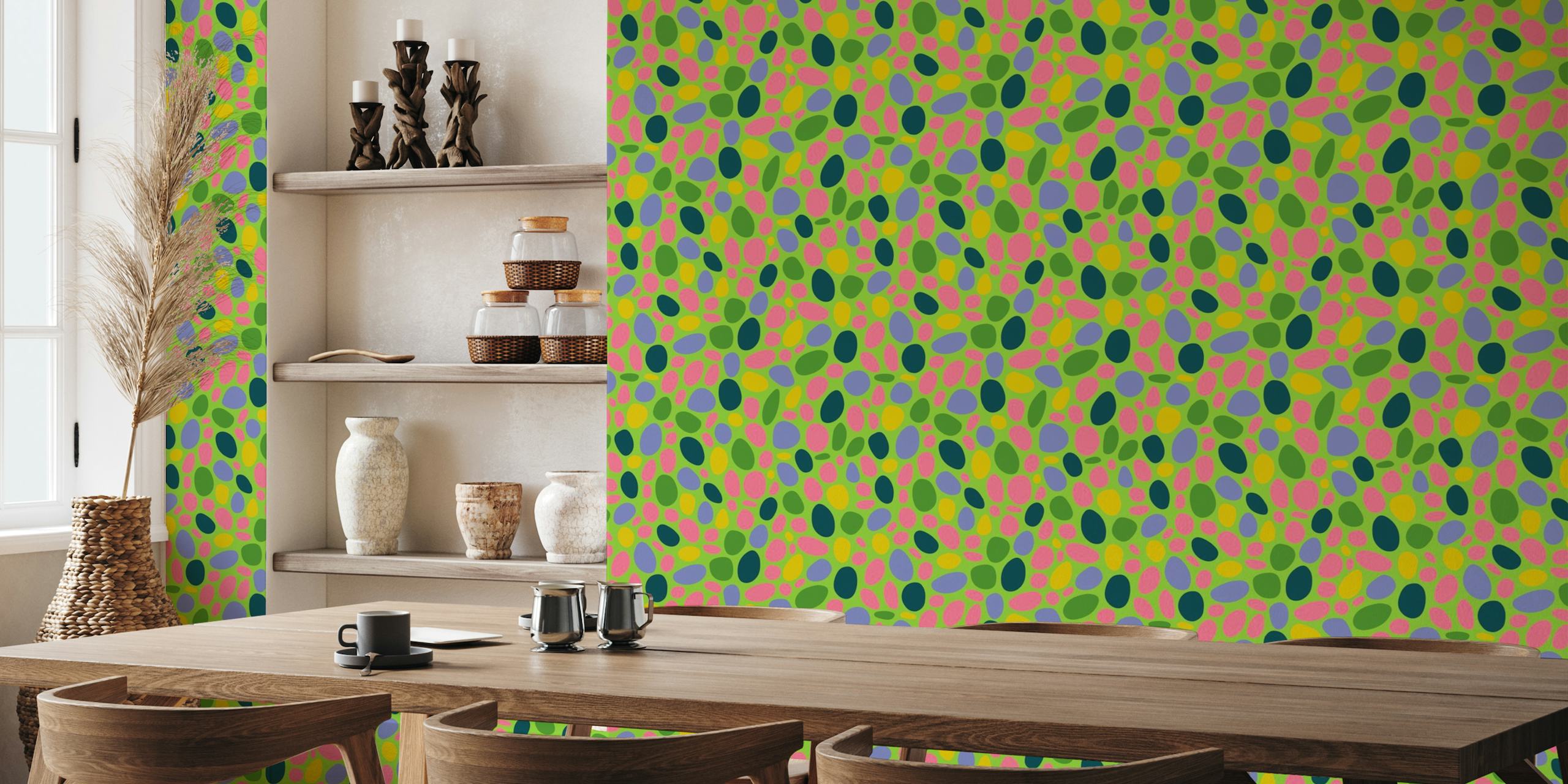 Abstract retro pebbles wall mural in lime green and pink colors
